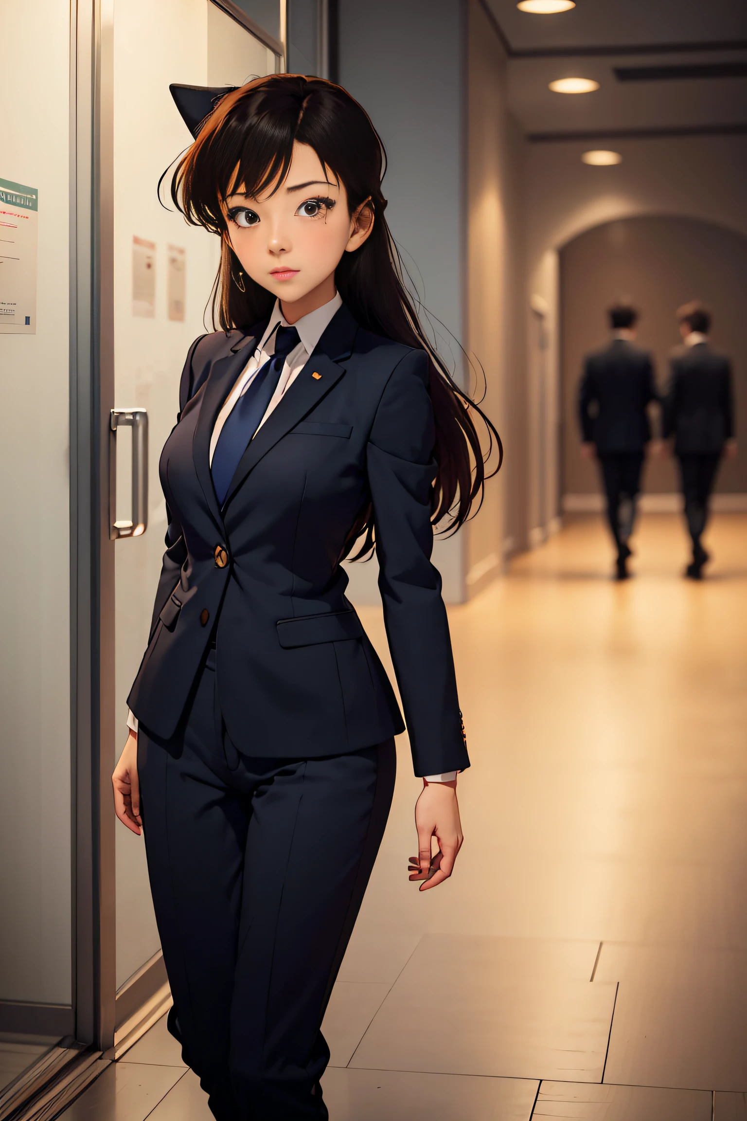 (one girl:1.2), anime character, beautiful portrait of ran, ran conan, ran from conan, she wearing vest, medium breast, she has long black hair, an anime drawing by Jin Homura, pixiv, beautiful anime high school girl, smooth anime cg art, anime full body illustration, in a strict suit, girl in a suit, yandere. tall, jk uniform, wearing a strict business suit