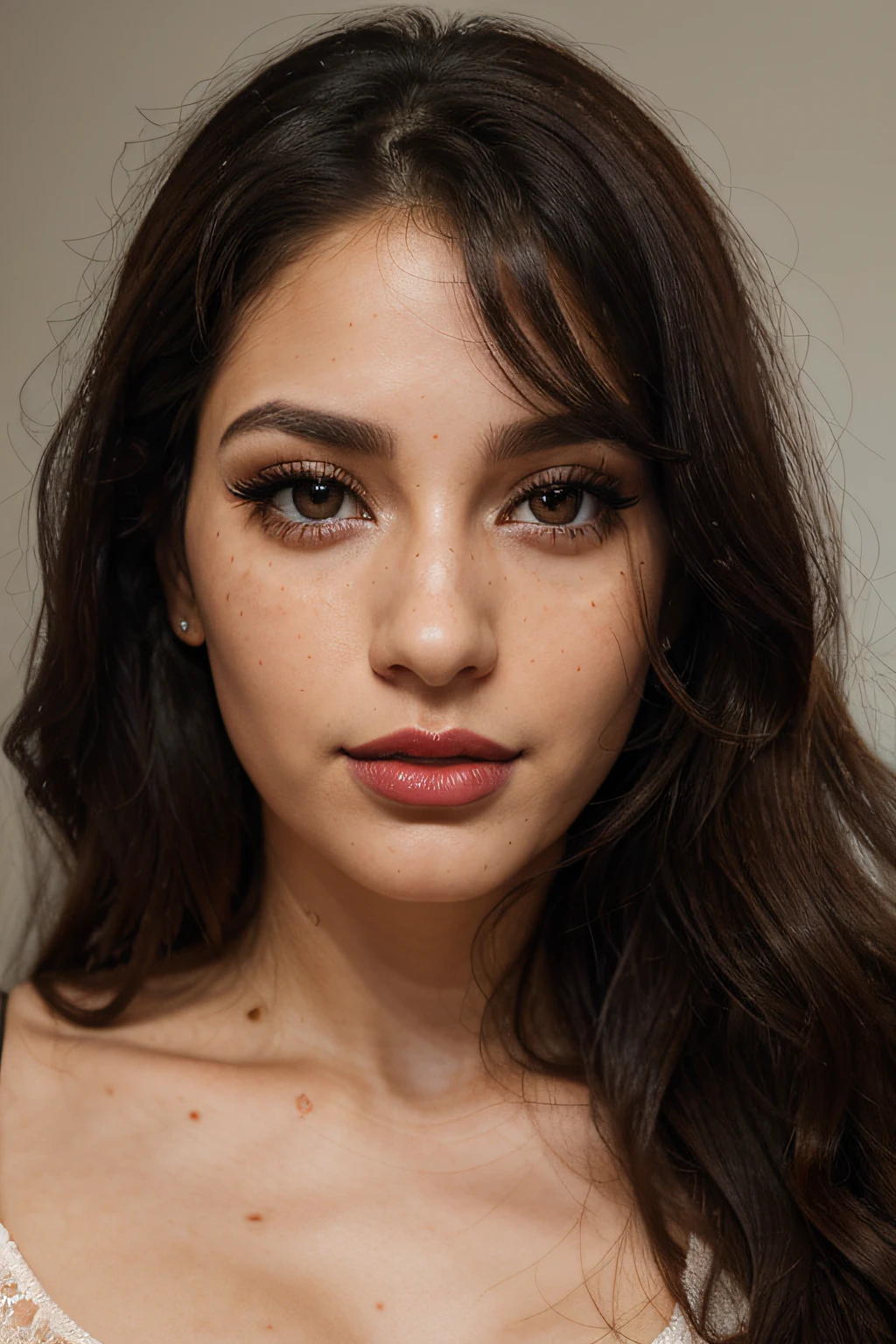 Adult woman, 29 years old, latina, latina traits, perfect face, beautiful face, long slightly curly dark hair, perfect eyes, brown eyes, beautiful eyes, mascara, eyeshadow, makeup, slight freckles, very detailed face, realistic face portrait, gorgeous face, dark red lips, very realistic face