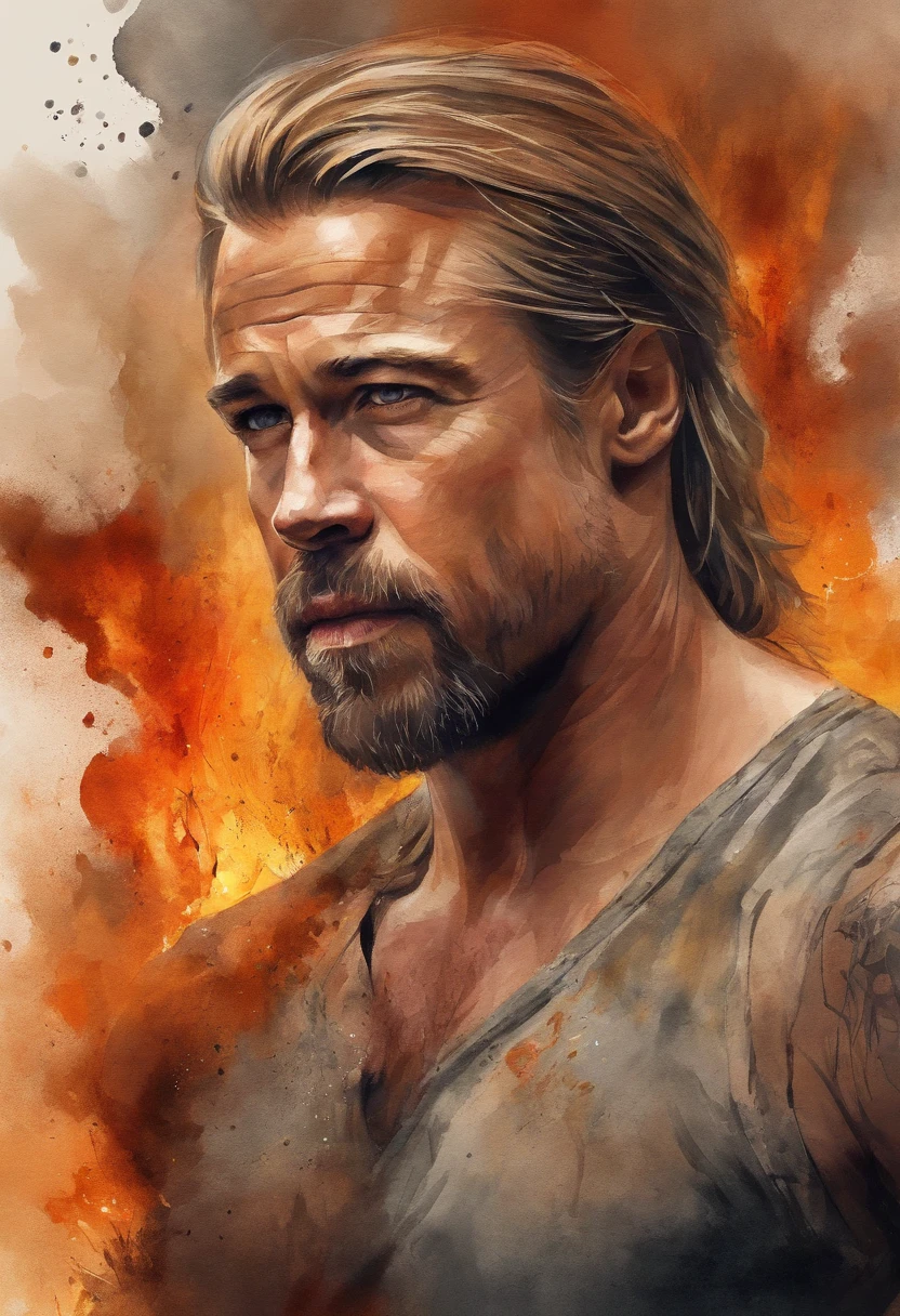 t-shirt design, 2D illustration, centered art, roaring flames in the background, face of Brad Pitt Sandor Clegane Blonde Hair de Game of Thrones, gothic colors, mood of tension and terror, burnt face, Adobe Illustration, Trending on Artstation, 8K, hd, masterpiece, gorgeous art, intricate details , -