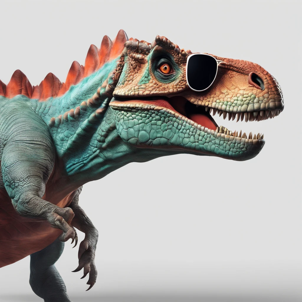 Realistic 4k profile photo of a strong dinosaur wearing a tank top in white color and wearing a juliet glasses