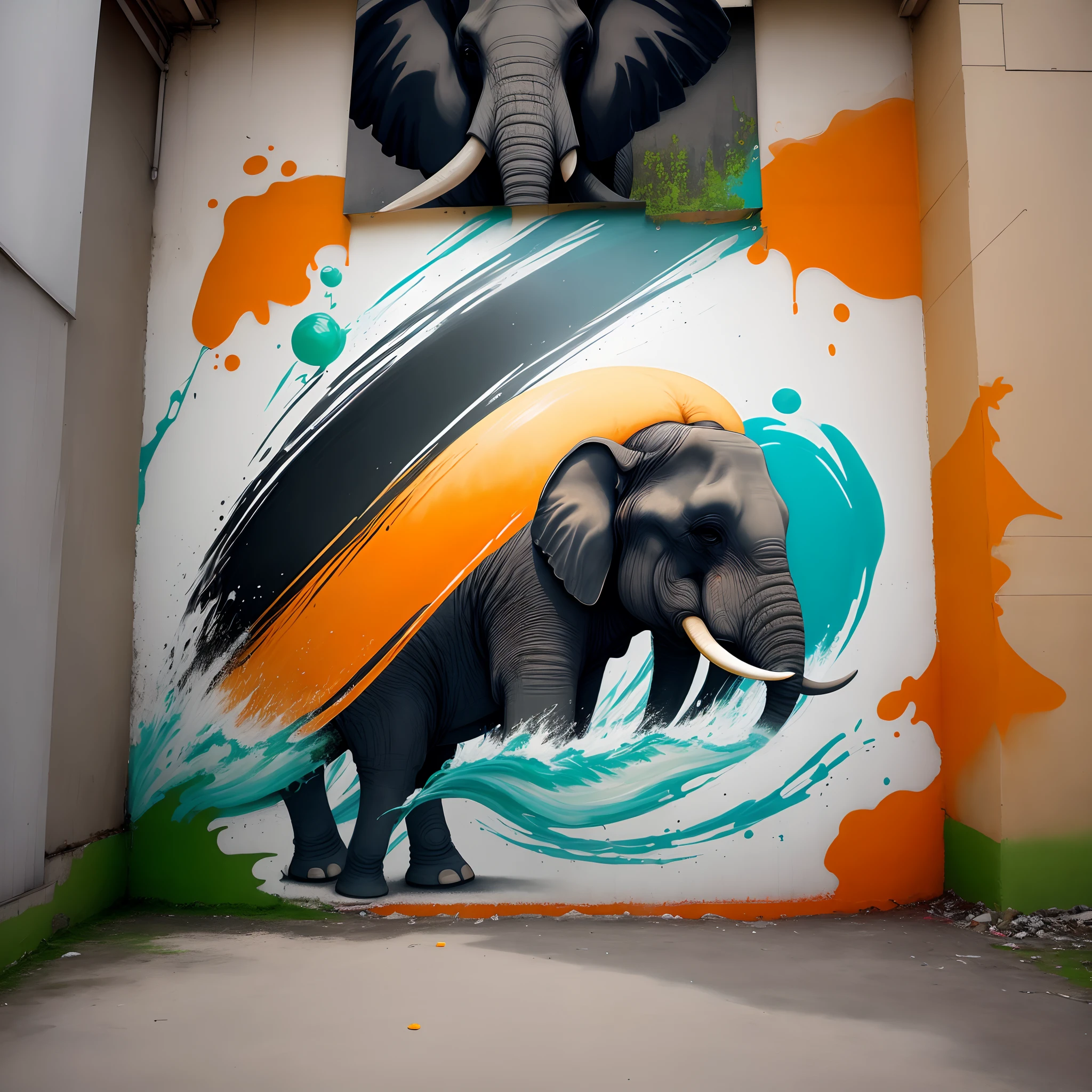 graffiti style An elephant surrounded by colorful painting "orange blanc et vert " , Grand incendie, onde liquide, Style en couches, Curved design, fond noir . Street Art, Dynamique, urbain, Detailed, jour, mural