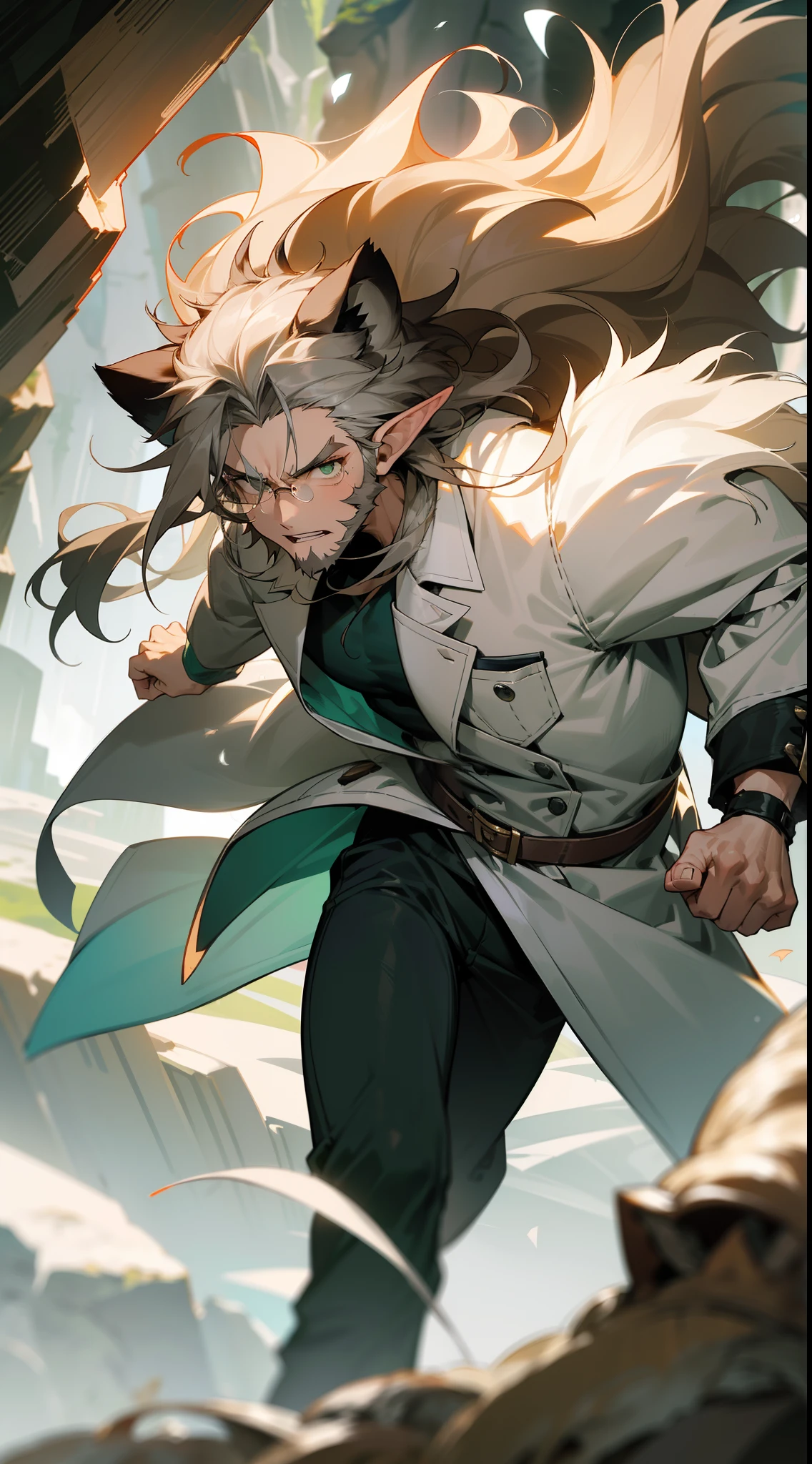 1boy, 20 years old,(beard),solo,(Angry), long hair,disheveled hair,messy hair,elf ear,gray hair,green eyes, tired eyes, no bangs, (glasses), scientist outfit, white coat, cowboy shot,((Lion's mane hair,muscular, boy with muscles)),((running in a cavern))
