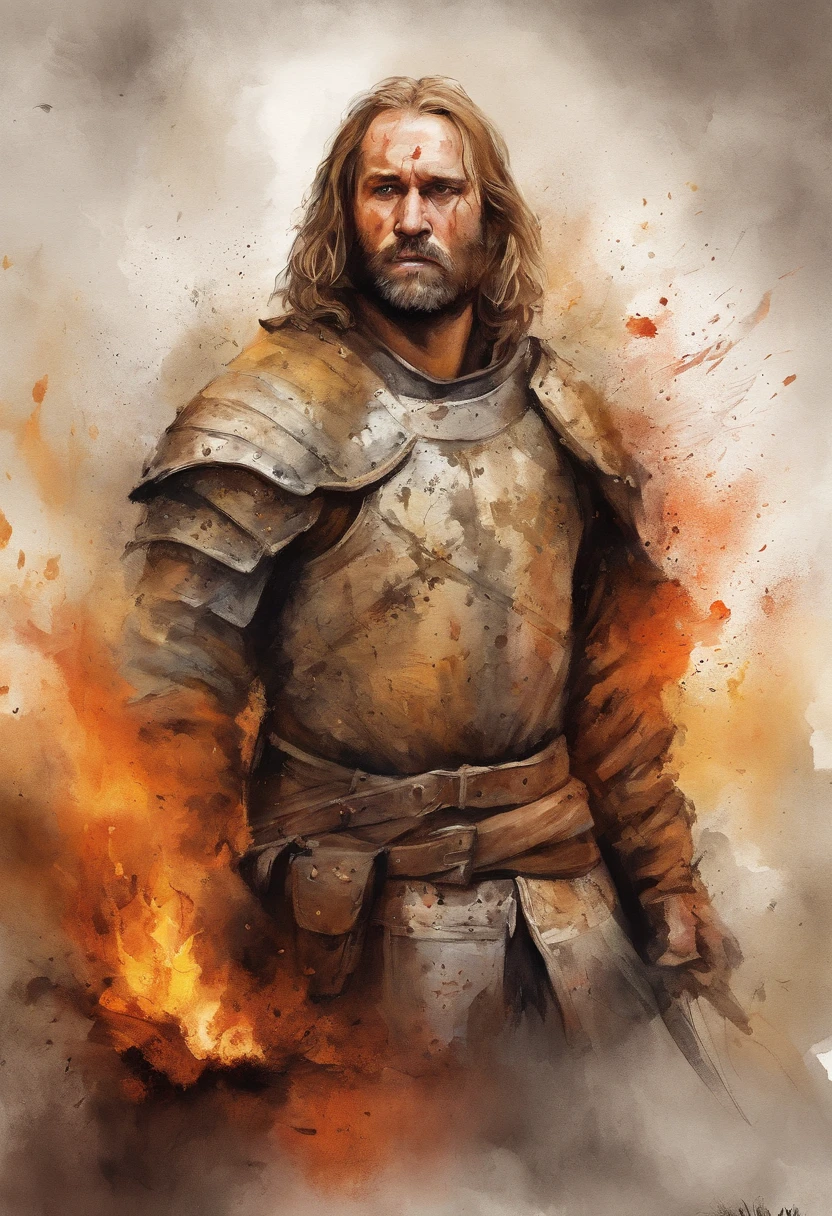 t-shirt design, 2D illustration, centered art, roaring flames in the background, face of Sandor Clegane Blonde Hair de Game of Thrones, gothic colors, mood of tension and terror, half of face is burnt like Harvey Dent, face covered in scars, Adobe Illustration, Trending on Artstation, 8K, hd, masterpiece, gorgeous art, intricate details , -