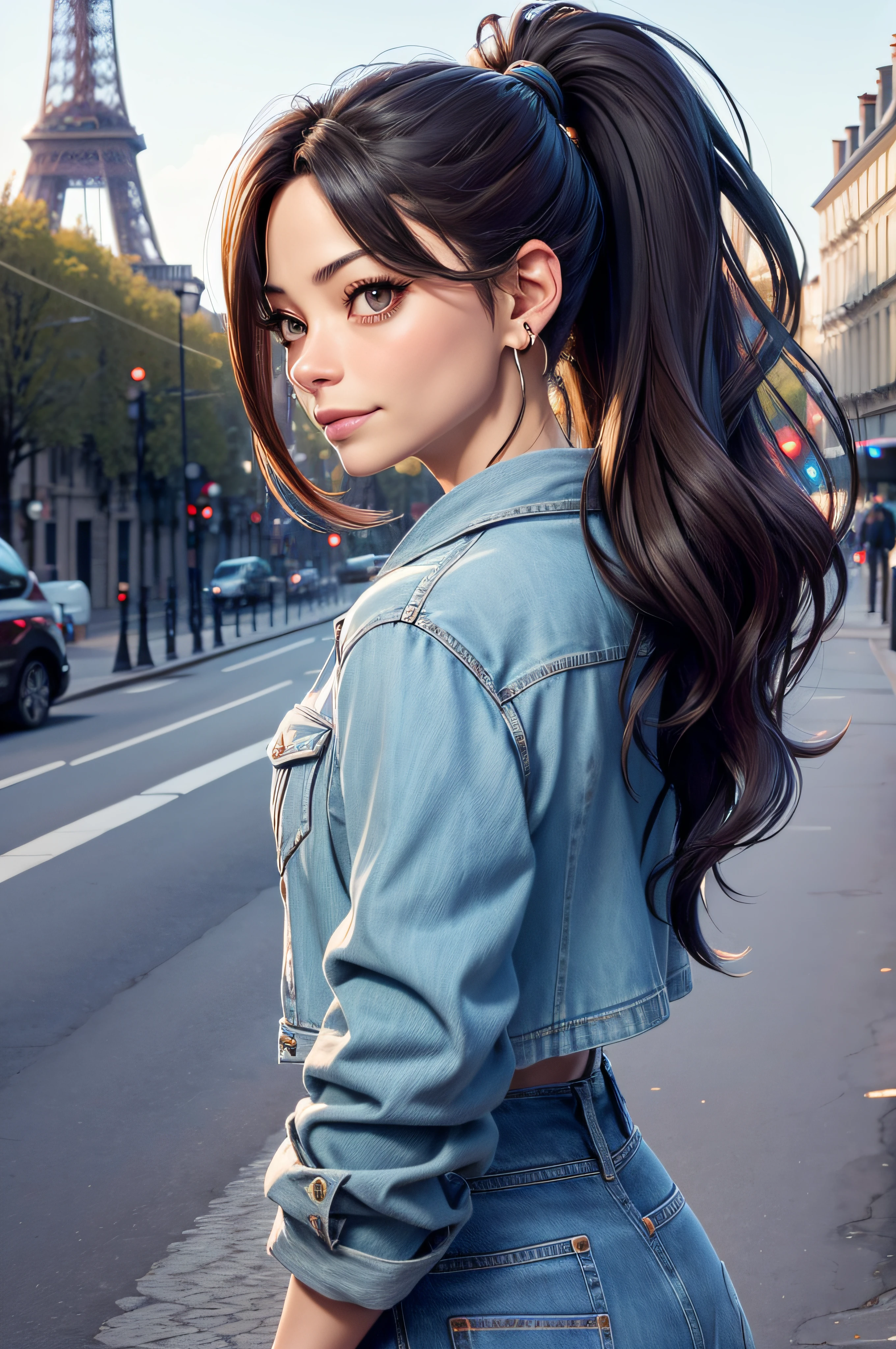 Top image quality、high resolucion、Kinematic lighting, Kristin Kreuk, ponytail, yeux verts, medium hoop earrings, dans un style parfait、Pantalon et veste en jean、backview. Looking at the camera. rue parisienne avec la Tour Eiffel au fond.