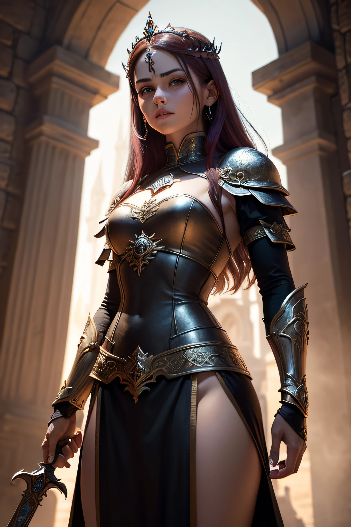 high resolution, ultradetailed, sunny day, ray of lights, 16k, unreal engine, UHD, photorealistic, (skin texture:1.2), (detailed face features:1.3), correct proportions, (library ruins background:1.2 ), 1 girl, beautiful yellow eyes, cowboy pose, dynamic pose, pretty eyes, plump lips, (thin and sharp pale eyebrows), long dark eyelashes, huge ahoge, glasses, enigmatic, dark elf, pointy ears, light skin, full body shot, accurate small snub nose, (short dark blue hair with black tint:1.2), (very short hair1.3), (form-fitting, ornate and elegant fantasy metal armor made of dark green metal with inserts of fine chain mail and floral embossed ornament:1.1), ginagerson, parororo, ariawm, skinny fit girl