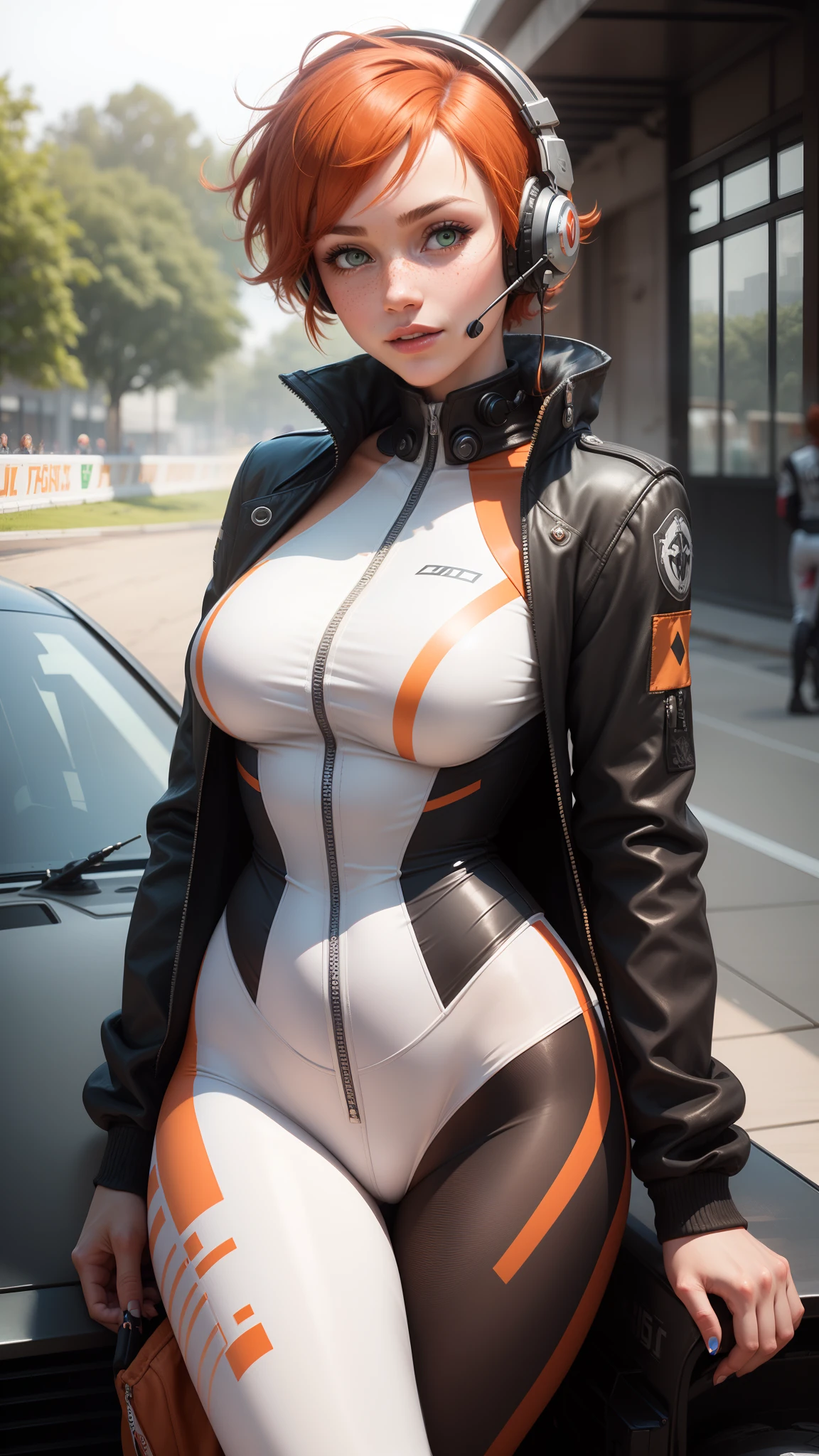 gwen tennyson,1girl,tracer,elsa,rebecca chambers,overwatch,gundam,close up,mecha pilot,racing queen,white and red plugsuit,hair pin,pirate corset, white long sleeve lycra top,orange leggings,short hair,cute makeup,green eyes,orange hair with highlights,shy smile,freckles, redhead,beautiful girl,large breasts, ultra detailed,realistic,fantasy art,gaming headset,pilot jacket,racing car,racetrack,