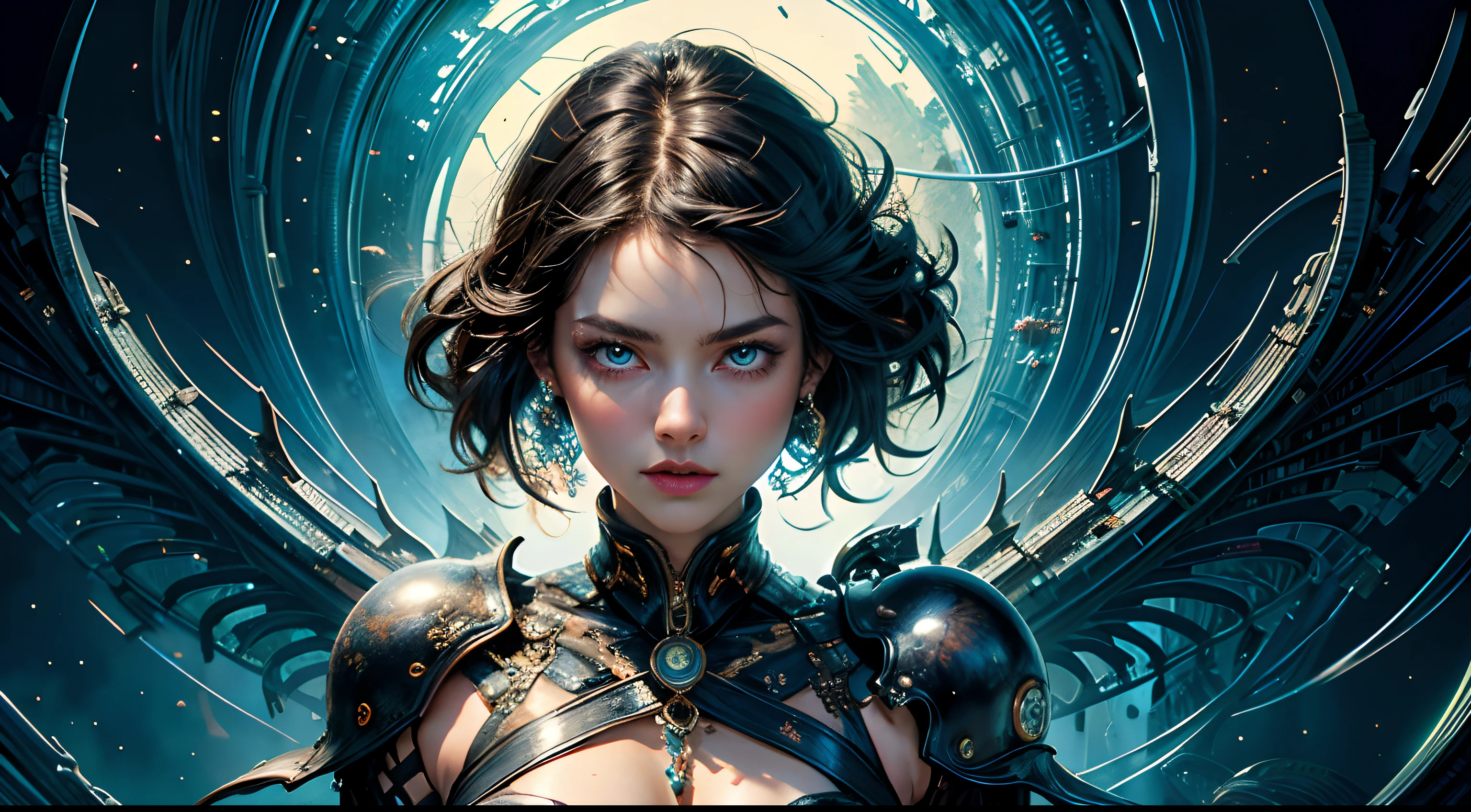 (masterpiece, top quality, best quality, official art, beautiful and aesthetic:1.2), (1girl), extreme detailed,(fractal art:1.3), highest detailed, black hair, blue eyes, pale skin, black clothes, black leather, steel