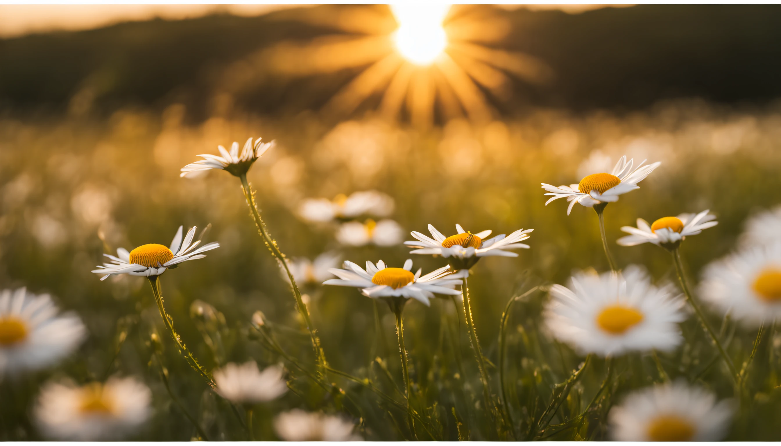 The landscape of white daisy blooms in a field, with the focus on the setting sun. The grassy meadow is blurred, creating a warm golden hour effect during sunset and sunrise time, Fotografia::4 bem iluminada, foco nítido, alta qualidade, artistic, unique, fotografia premiada, Canon EOS 5D Mark IV DSLR, f/8, ISO 100, 1/250 segundo, fechar -up, luz natural, profissional, lisonjeiro, head shoot, estilo glibatree::3 preto e branco, granulado, deformado, watermark::-2