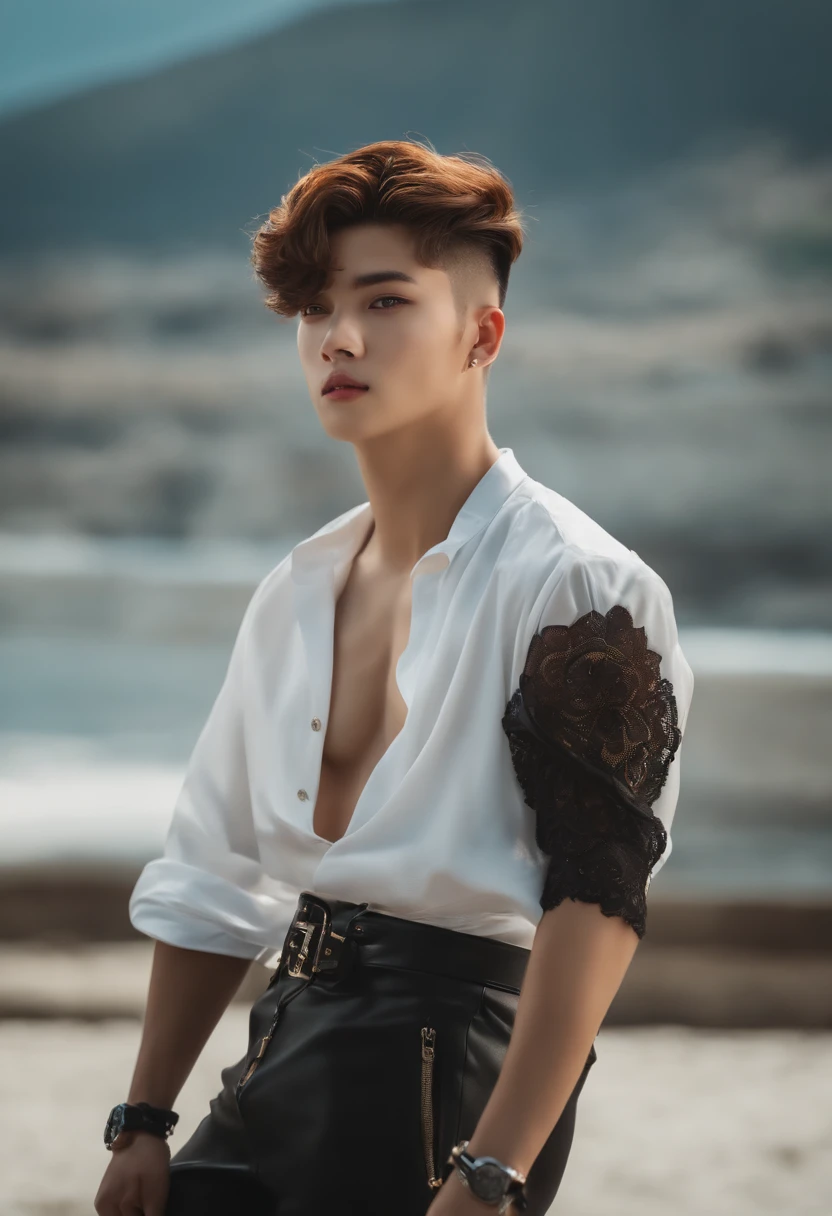 A mais alta qualidade de imagem、Detalhe excepcional、超A high resolution、(Realista:1.4)、alto detalhe、Privilegie os detalhes、1boy altamente condensado、Cabelos compridos、rosto delicado e bonito、Vestido com um fato de corrida de couro branco、Correndo em uma motocicleta preta、The bottom is a race track、circuito、Racer、Sorriso legal, rosto semelhante com de choi San, idol do ateez