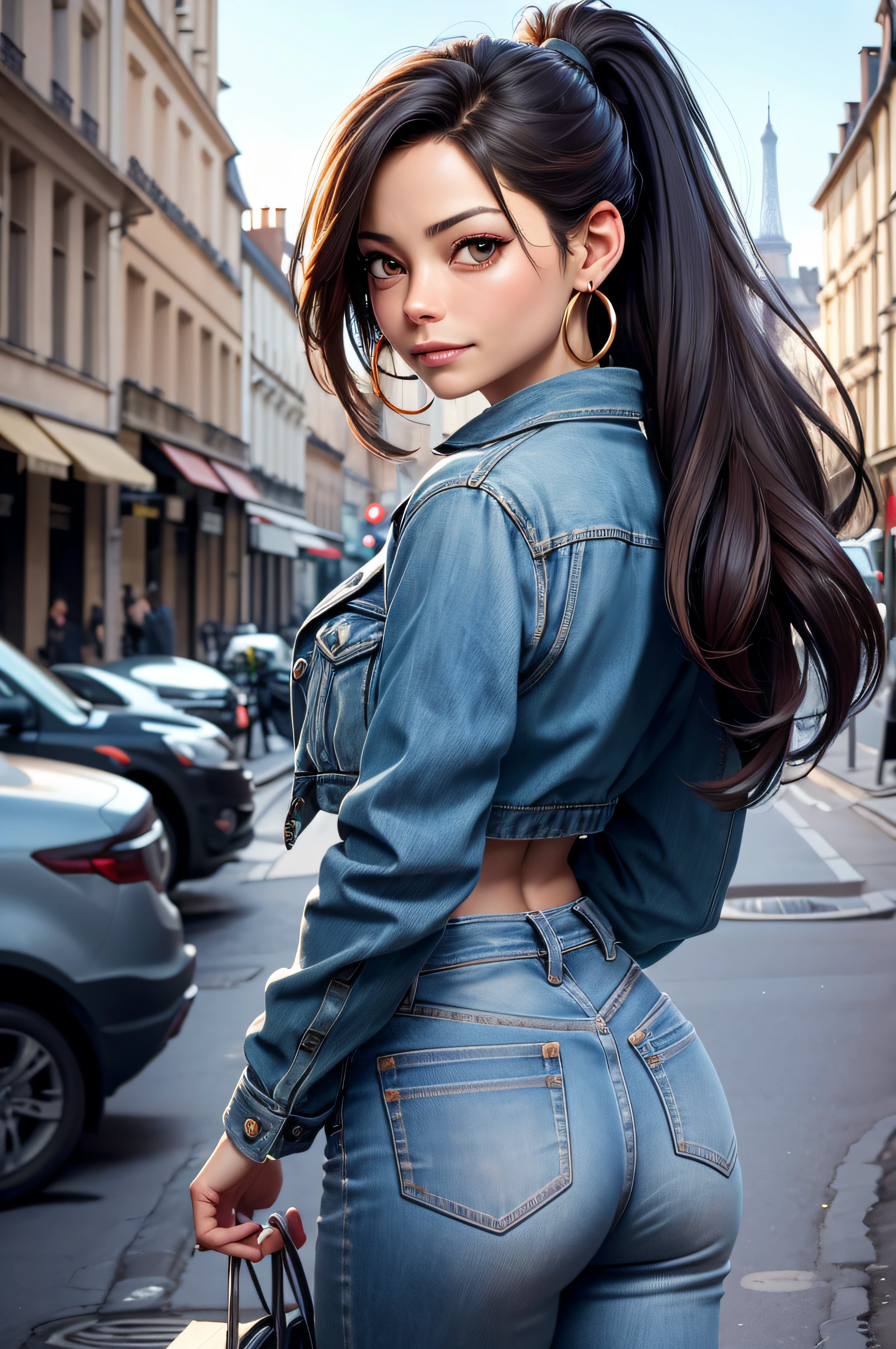 Top image quality、high resolucion、Kinematic lighting, Kristin Kreuk, ponytail, yeux verts, medium hoop earrings, dans un style parfait、Pantalon et veste en jean、backview. Looking at the camera. rue parisienne avec la Tour Eiffel au fond.