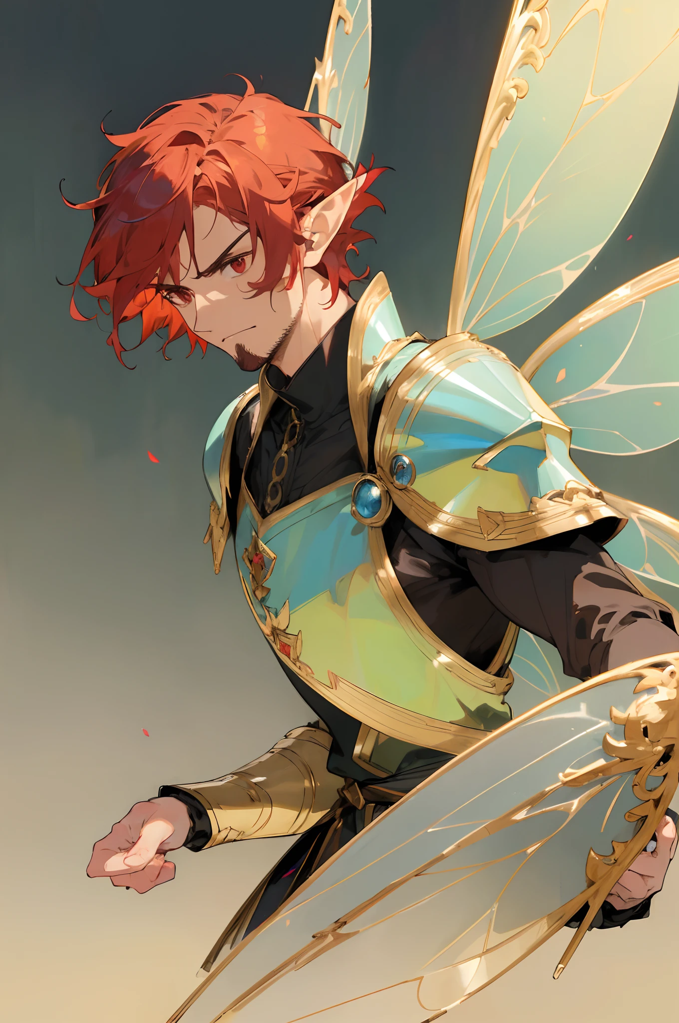 (masterpiece, best quality) detailed, 1Character , blue archive art style , pastel washed out colors , cell shade , soft, muted shades ,gentle colors , powerful and charismatic , regal gold armor, confident and strong, determined eyes, intricate armor design, elegant and resilient, blue and gold color scheme, commanding presence, air of mystery, awe and intrigue, posing for a photo, charismatic aura, captivating and power), high resolution, HD, 4k, professional photograph, trending on Instagram, portrait, close-up, full-body, stunning image, extraordinary detail, oil painting, acrylic, master artist, famous artwork, HDR lighting, dramatic composition, depth of field, Handsome man , tall, lean ,((muscular body1:1)) , ((has facial stubble:1.1)) , red hair , ((very short hair:1.3)) , red eyes , ((has fairy wings:1.3)), masculine , red eyes, elf ears ,((male:1.2)),((two wings:1)) , age 32