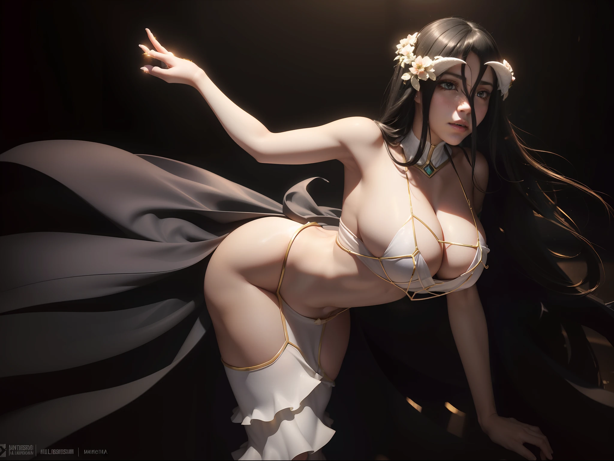 (((albedo)))8k,((overlord))(((Amazing tits)))caliente, hermosa,((Hornie)),(((viste un vestido blanco )))((tiene cuernos)))8k, hiperrealista todo como un motor irreal trazado de rayos render ((estilo humano hiperealista)),(((Empty dark background))). hiperrealista todo como un motor irreal trazado de rayos render estilo humano realista ,(((Empty dark background)))., Suavemente iluminado, Intimo exquisito detalle, foco nítido, intrincadamente detallado, rewarded photography, small-catchlight, bajo contraste, alta nitidez, facial-symmetry, profundidad de campo, cinematic background, Renderizado del motor irreal, Imagen central, dream-like, Suavemente iluminado, intimo, imagen de cuerpo completo ,cuerpo completo,((tetona)),((piernas torneadas)) perfect  , hdri