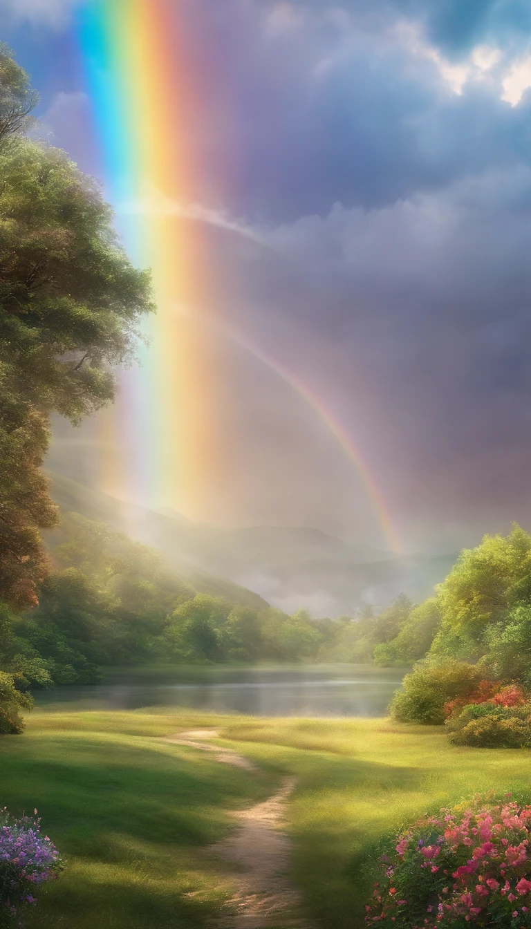 Generate captivating images of stunning anime style rainbows, There are no humans,But exudes vibrant beauty. Enhance the quality of your images by enhancing the brightness and clarity of rainbow colors, Bring them to life,Exudes a dreamy glow. Add intricate details to raindrops, Enhance their sparkle and shimmer when capturing light. Ensure that the final image captures the essence of a peaceful and captivating moment, The rainbow takes center stage on the picturesque stage, otherworldly landscape.