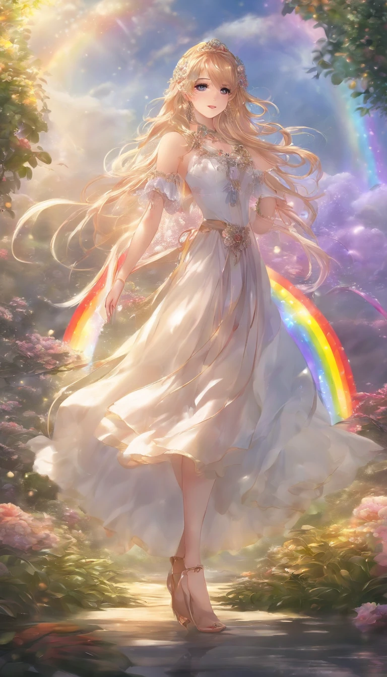 Generate captivating images of stunning anime style rainbows, There are no humans，But exudes vibrant beauty. Enhance the quality of your images by enhancing the brightness and clarity of rainbow colors, Bring them to life，Exudes a dreamy glow. Add intricate details to raindrops, Enhance their sparkle and shimmer when capturing light. Ensure that the final image captures the essence of a peaceful and captivating moment, The rainbow takes center stage on the picturesque stage, otherworldly landscape.