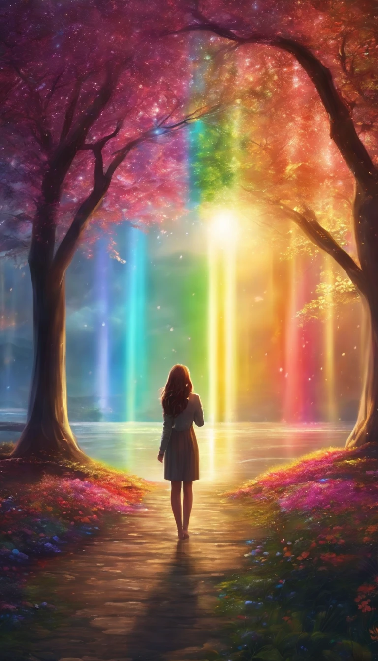 Generate captivating images of stunning anime style rainbows, There are no humans，But exudes vibrant beauty. Enhance the quality of your images by enhancing the brightness and clarity of rainbow colors, Bring them to life，Exudes a dreamy glow. Add intricate details to raindrops, Enhance their sparkle and shimmer when capturing light. Ensure that the final image captures the essence of a peaceful and captivating moment, The rainbow takes center stage on the picturesque stage, otherworldly landscape.