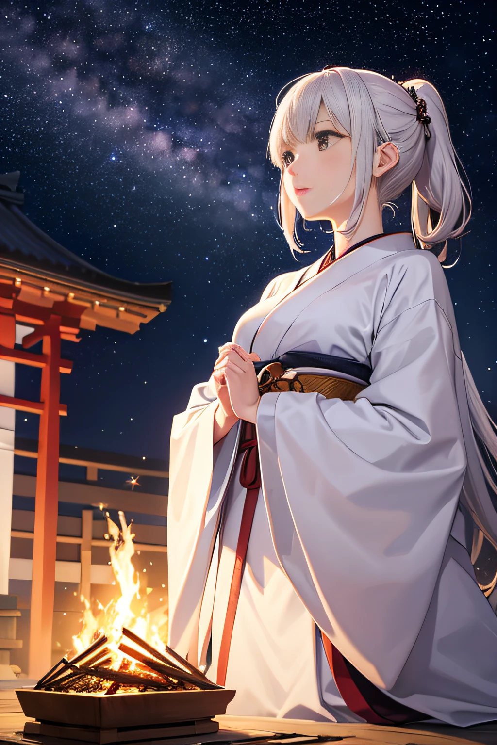 Japan women、in her 20s、robe blanche、Looking up at the night sky、You can see the Milky Way、Some shooting stars、Having a bonfire、There is a tent in the back.、The chest is open