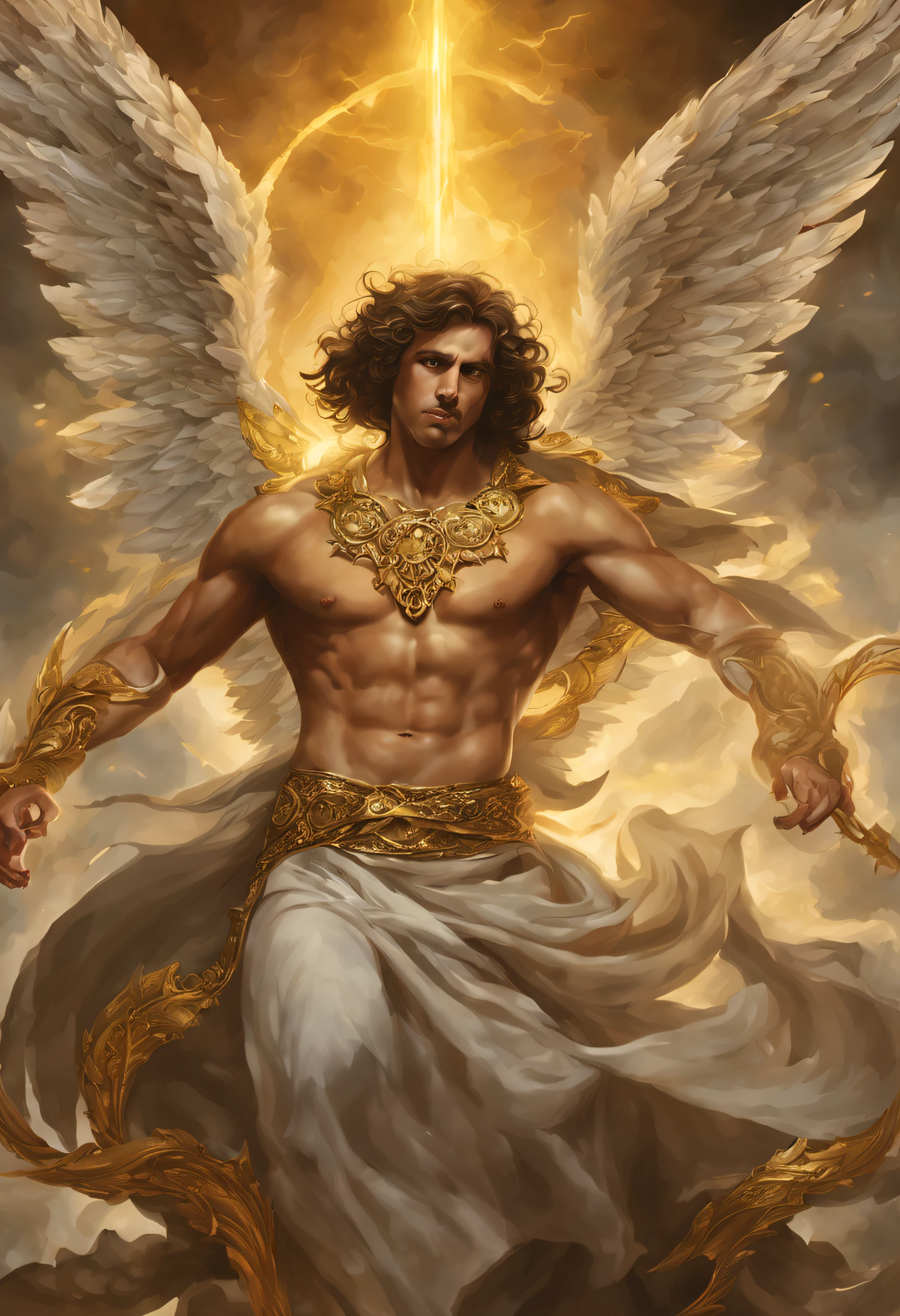 I looked with winged angels, and there was a man dressed in linen, and his loins were girded with a belt of gold from Ufas. His body was like topaz, his countenance shone like lightning, his eyes were like burning torches, his arms and legs shone like polished brass, and the sound of his voice was mighty.