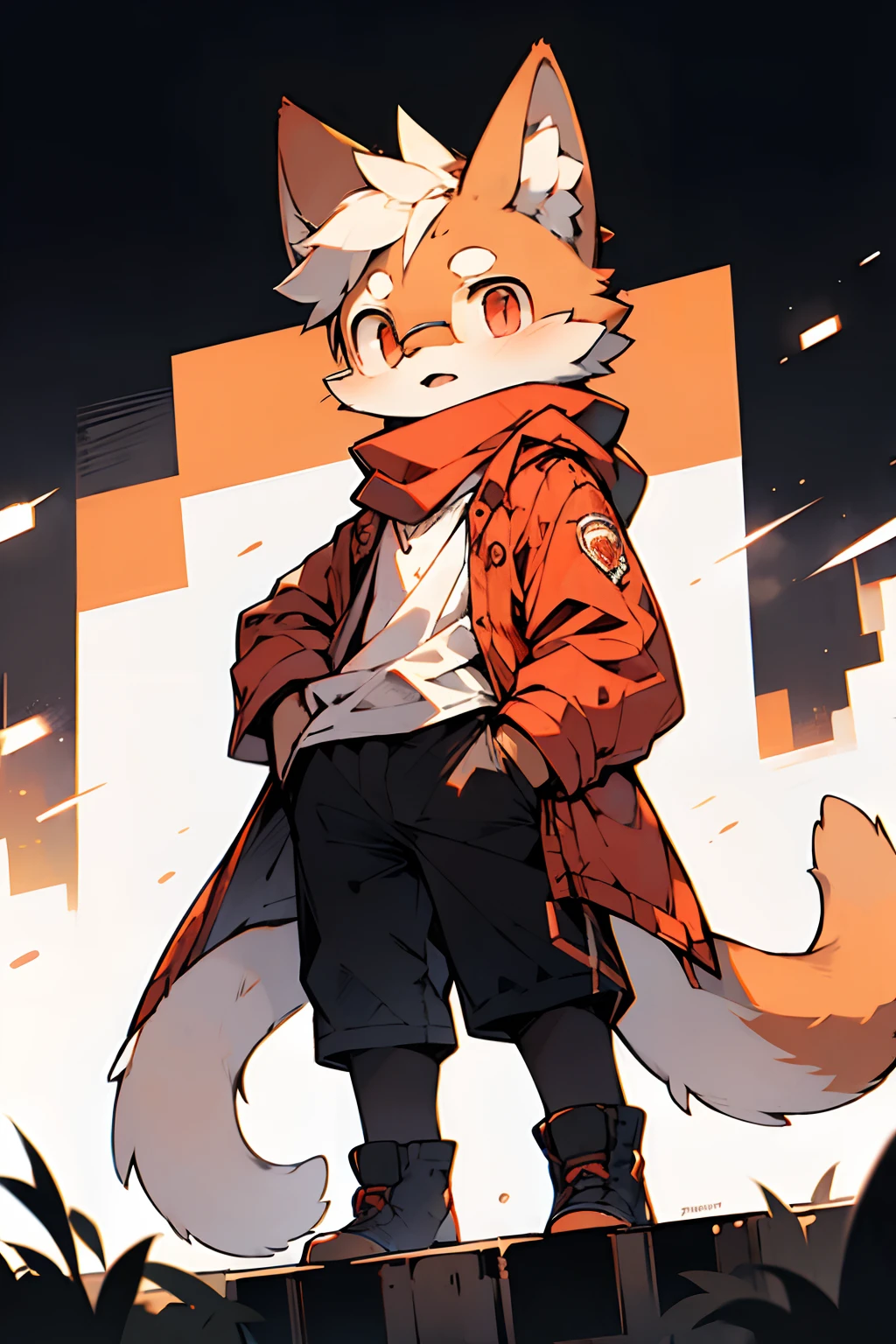 London in the twentieth century，Orange cat，Run alone，Light orange fur，Wear a white shirt，Black  shorts，Brown worn-out coat，Red scarf shirt，Red eyes，wearing black glasses，Handsome（A masterpiece）（high qulity）（Clear structure）（Clear lines）（Background of extreme detail）（extremelydetailedcharacter）