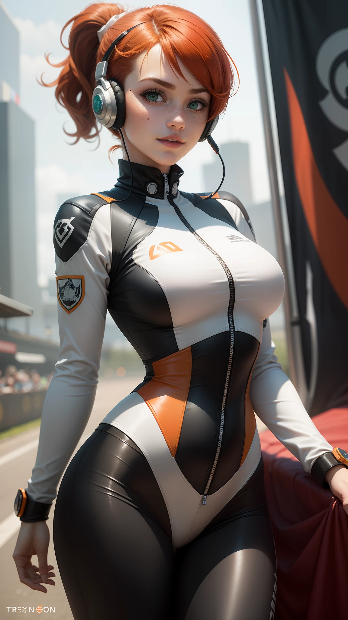 gwen tennyson,1girl,tracer,elsa,rebecca chambers,overwatch,gundam,close up, mecha pilot,race queen,white and red plugsuit,hair pin,pirate corset,white long sleeve lycra top,race flag leggings,short hair,cute makeup,green eyes,orange hair with highlights,shy smile,freckles, redhead,beautiful girl,large breasts,ultra detailed,realistic,fantasy art,gaming headset,pilot jacket,racing car,racetrack,