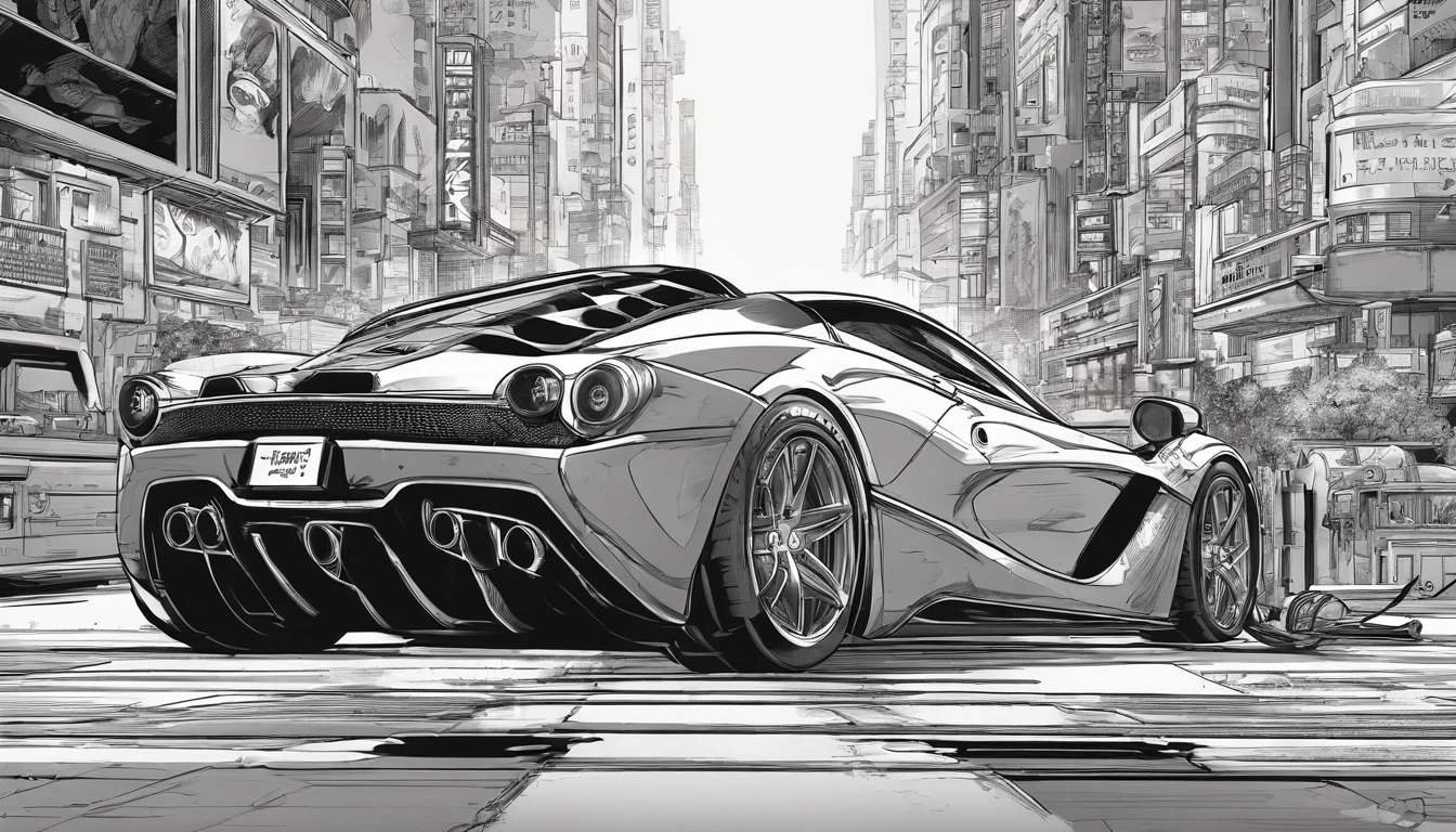 best quality, masterpiece, photo, 4K, photorealistic, highly detailed, La Ferrari, techwear, cyberpunk city, solo, futuristic, black and white, by Akira Toriyama, closeup,