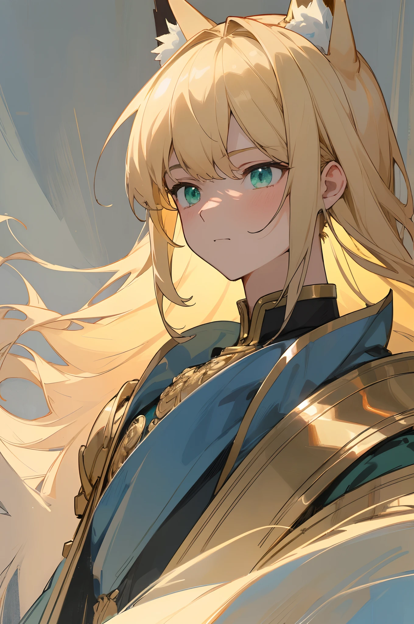 (masterpiece, best quality) detailed, 1Character , blue archive art style , pastel washed out colors , cell shade , soft, muted shades ,gentle colors , powerful and charismatic , regal gold armor, confident and strong, determined eyes, intricate armor design, elegant and resilient, blue and gold color scheme, commanding presence, air of mystery, awe and intrigue, posing for a photo, charismatic aura, captivating and power), high resolution, HD, 4k, professional photograph, trending on Instagram, portrait, close-up, full-body, stunning image, extraordinary detail, oil painting, acrylic, master artist, famous artwork, HDR lighting, dramatic composition, depth of field, Handsome man , blonde hair , long hair, green eyes , has fox ears ,skinny , age 26