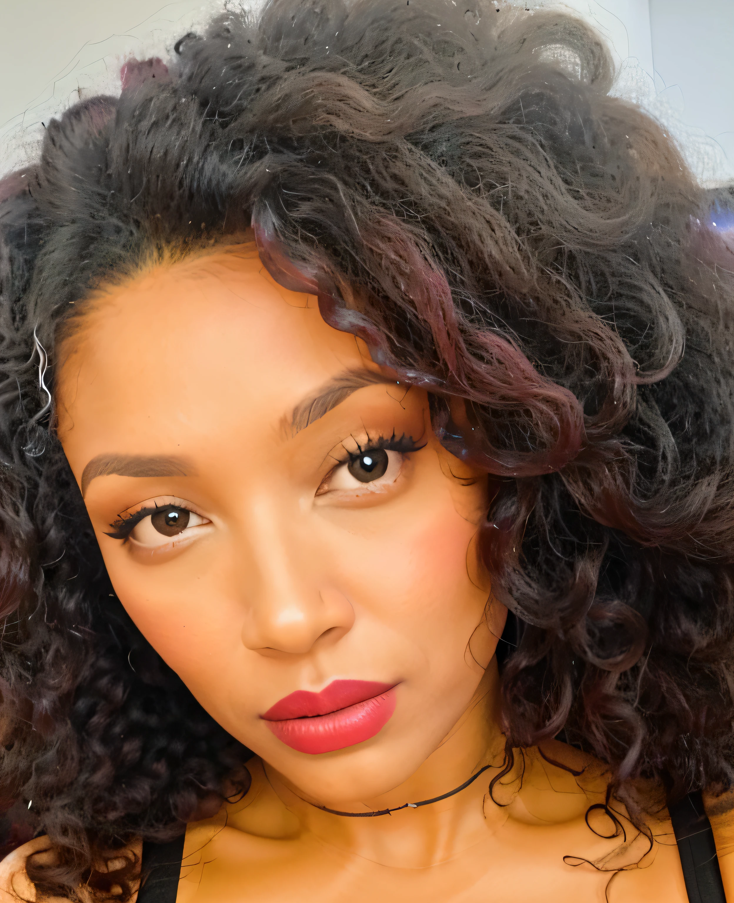 There's a woman with very big afro hair and pink lipstick, Image de profil, photo of a black woman, his face framed by curls, taken in the early 2020s, leaked image, 3 0 ans femme, Femme de 30 ans, SZA, Femmes de 40 ans, Lizzo, Expression sereine, looking straight to camera