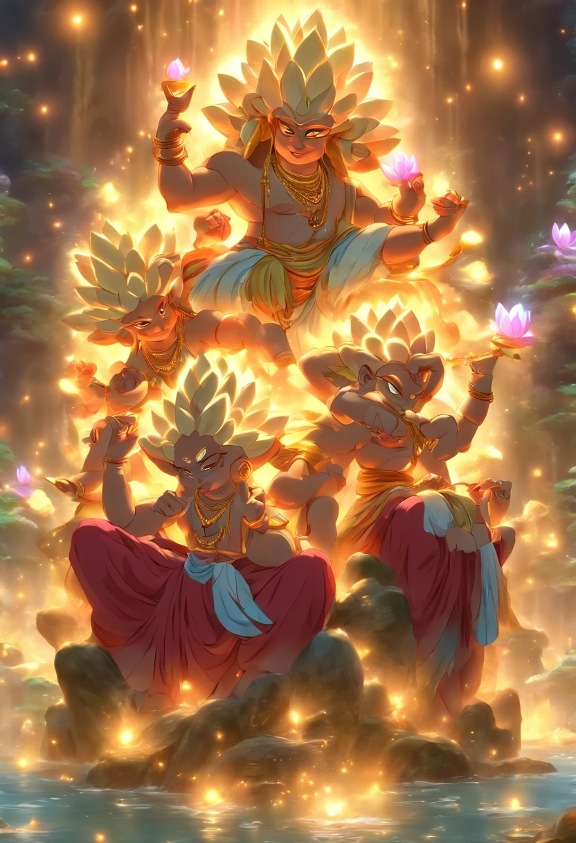 (((three head))) best quality, ultra-high resolution, 4K detailed CG, masterpiece, Brahma,Hindu God, three head, four arms, Hindu mythology, sitting on lotus flower, ((sitting)) Hindu, aesthetic, beautiful image, screen-centered