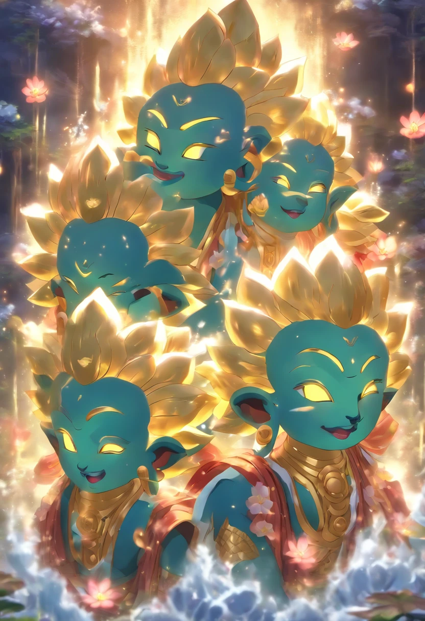 (((three head))) best quality, ultra-high resolution, 4K detailed CG, masterpiece, Brahma,Hindu God, three head, four arms, Hindu mythology, sitting on lotus flower, ((sitting)) Hindu, aesthetic, beautiful image, screen-centered