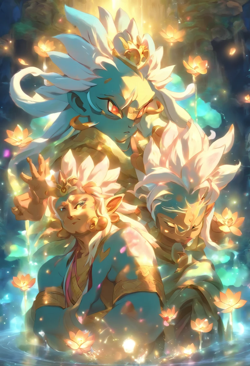 (((three head))) best quality, ultra-high resolution, 4K detailed CG, masterpiece, Brahma,Hindu God, three head, four arms, Hindu mythology, sitting on lotus flower, ((sitting)) Hindu, aesthetic, beautiful image, screen-centered