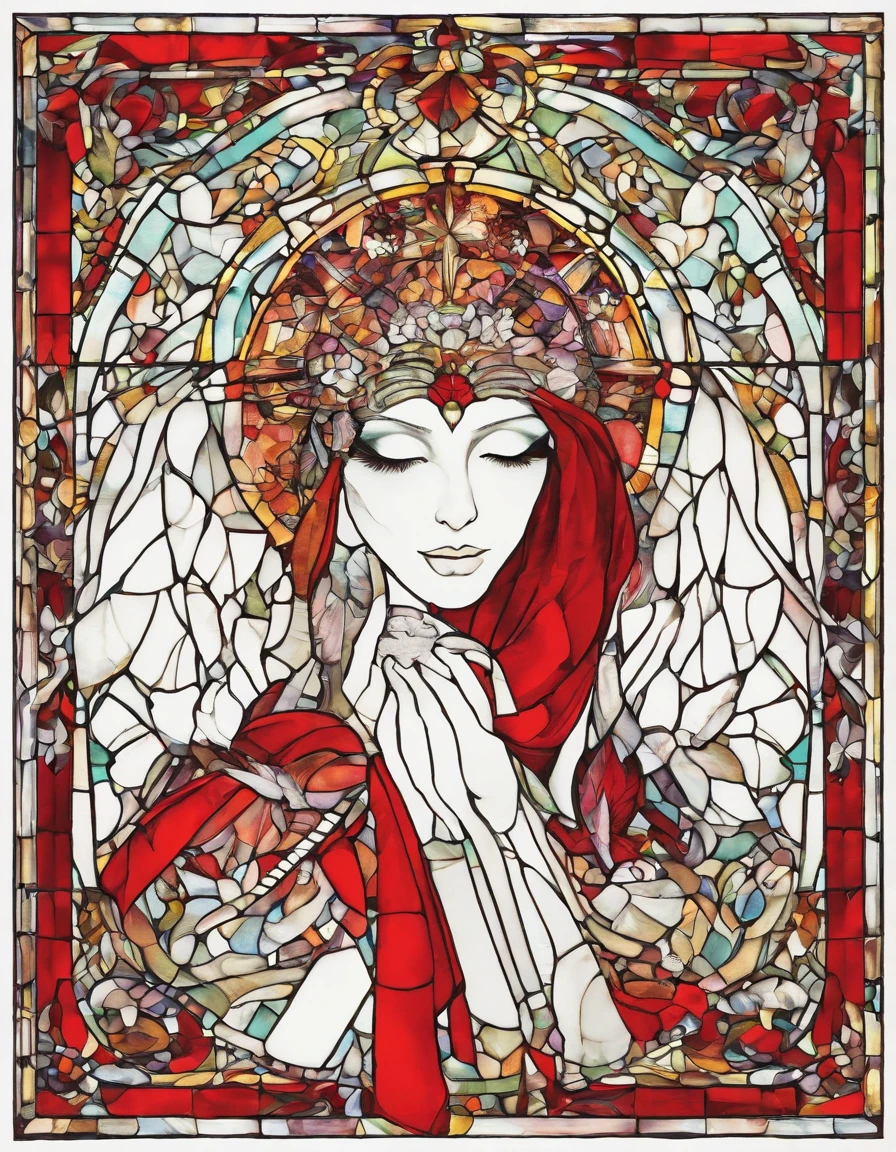 singer in a white half mask, grandes asas de anjo, vestido vermelho longo, innocence