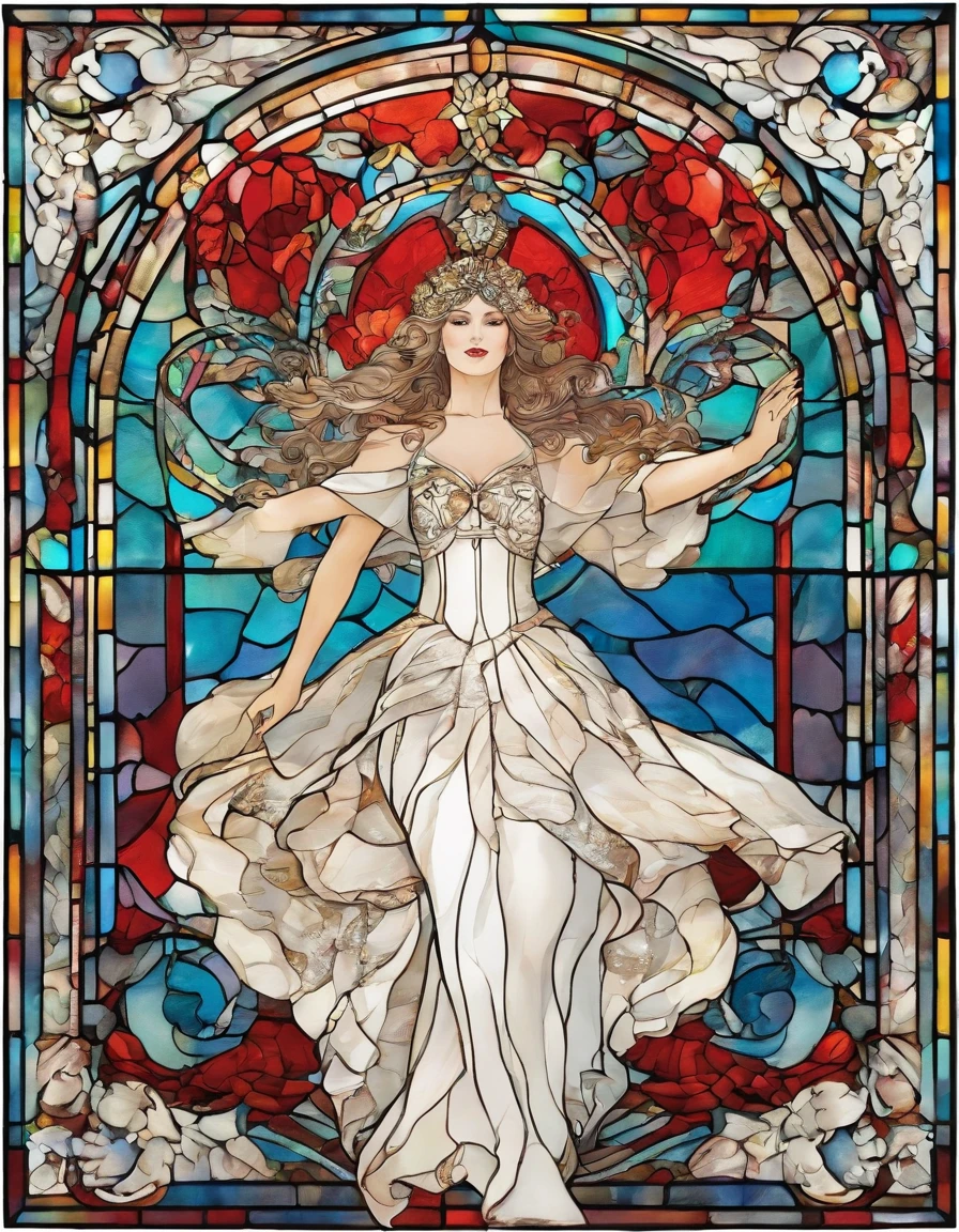singer in a white half mask, grandes asas de anjo, vestido vermelho longo, innocence