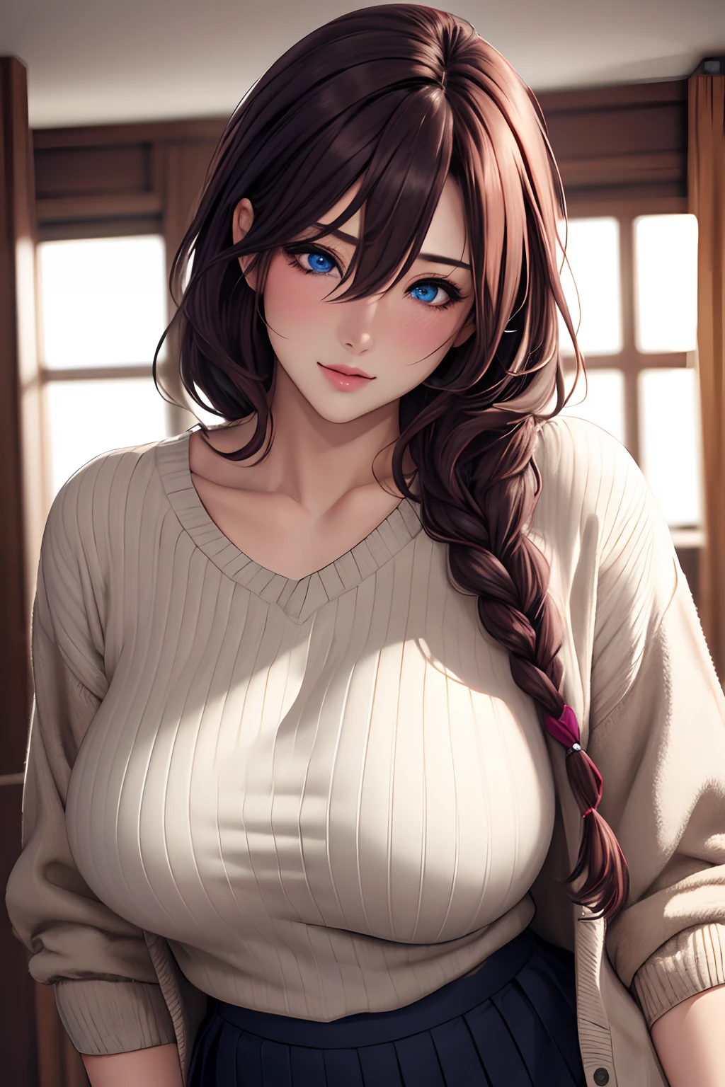 masterpiece, (best quality), 1woman,1girl ,akiko_minase,    long hair, brunette hair,   blue eyes, braid, single braid, hair intakes, hair over shoulder, (mature female), skirt, sweater, cardigan,       housewife, large breasts,sexy woman,    adult, blush vibrant colors ,,natural lighting  ,RTX, hair between eyes , beautiful, (detailed face:1.2), showcase, (perfect eyes:1.1) ,(photorealistic:1.1), 8k uhd,  looking at viewer,  indoors,  simple backround