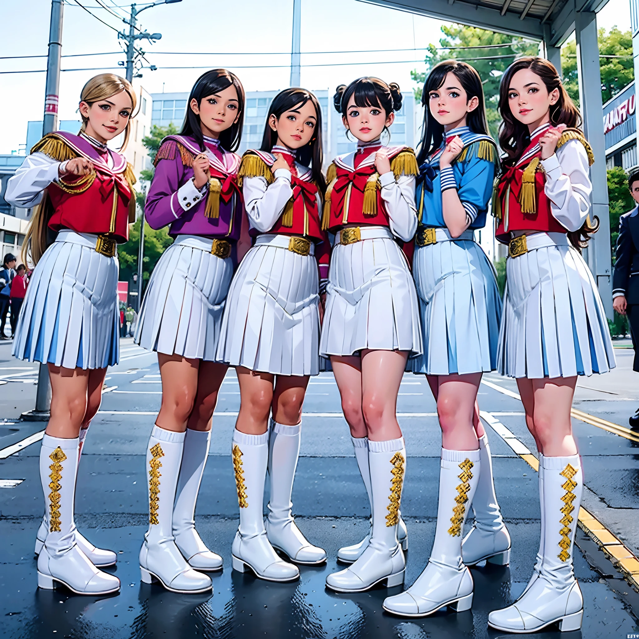 Four girls in uniform taking pictures with their coats, 8K)), magic uniform university, ๐ฟ๐๐, 8K!!, 8K!, tokusatsu, toei, SSAO 8 K, JK Uniform, captured on canon eos r 6, White uniform, Seifuku, by Sailor Moon, ๐๐๐พ