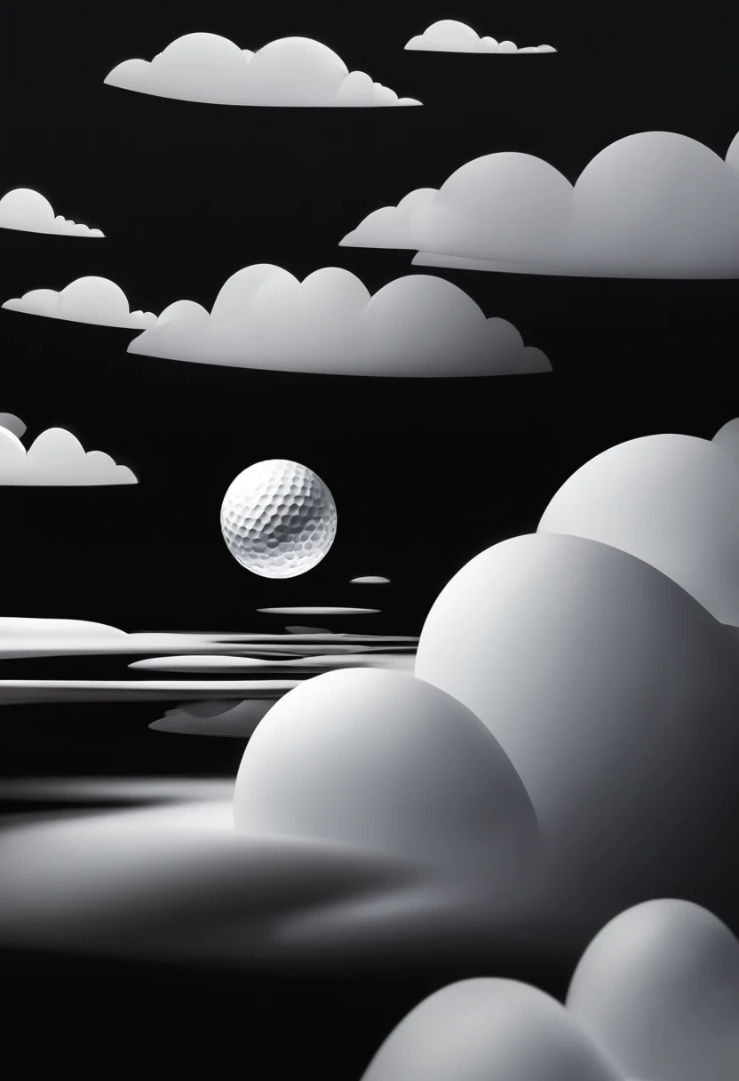 cartoon white golf ball flying to the hole, leaving a trail behind, everything is white on a black background