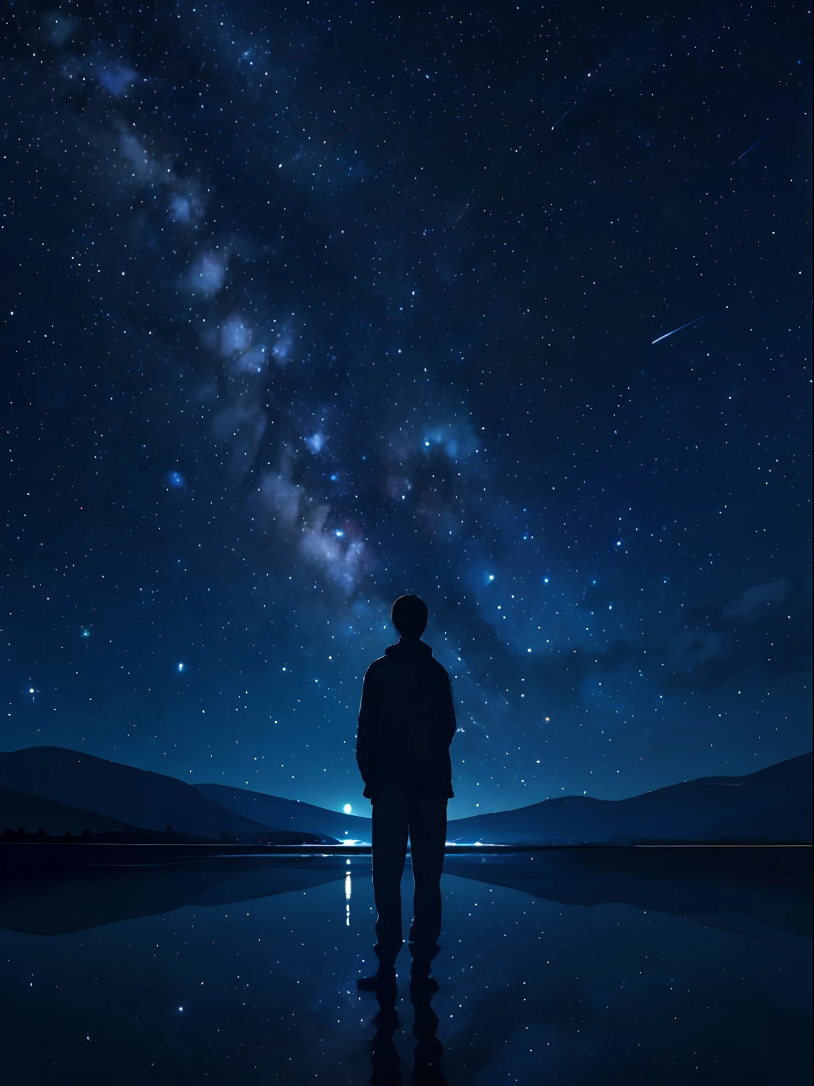 starry night sky with a person standing in the water, looking out into the cosmos, tranquility of the endless stars,