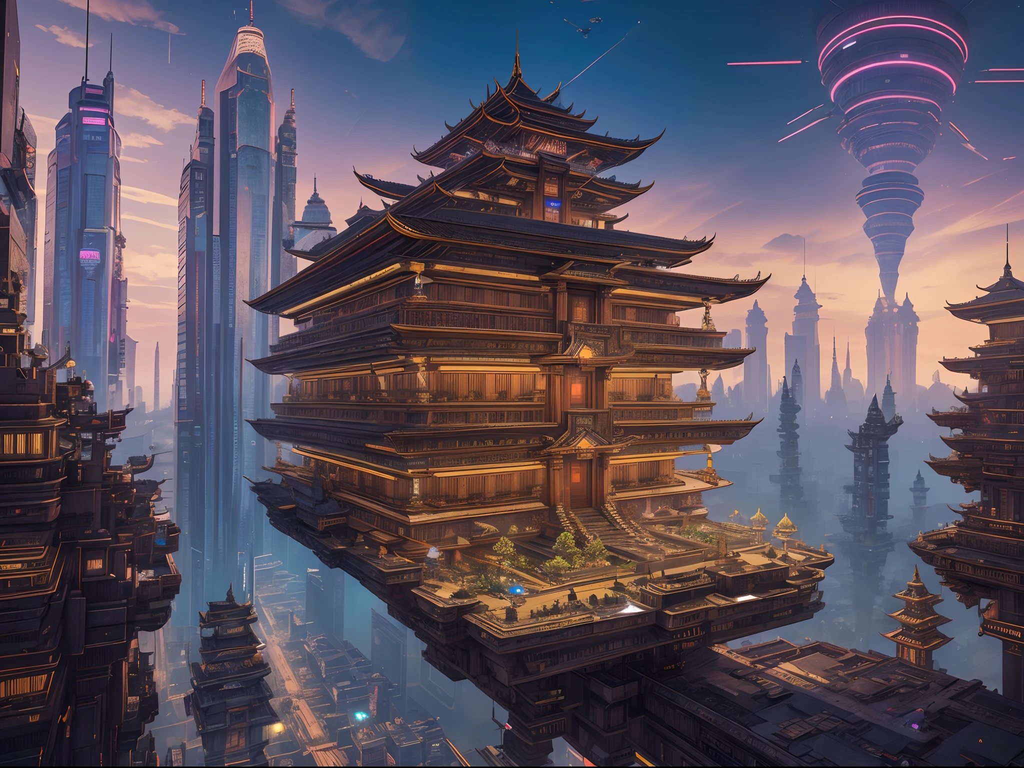 (masterpiece), (Majapahit), (kingdom), (Java), (cyberpunk), The Great Majapahit Empire in the Future, advanced technology, Cyberpunk Style, Mix of Traditional and Modern Futuristic, High detailed, hyper realistic, View of a Great Kingdom, Buildings with neon lights, flying vehicles, Javanese tradition mixed with modern technology, photorealism, 8k HD