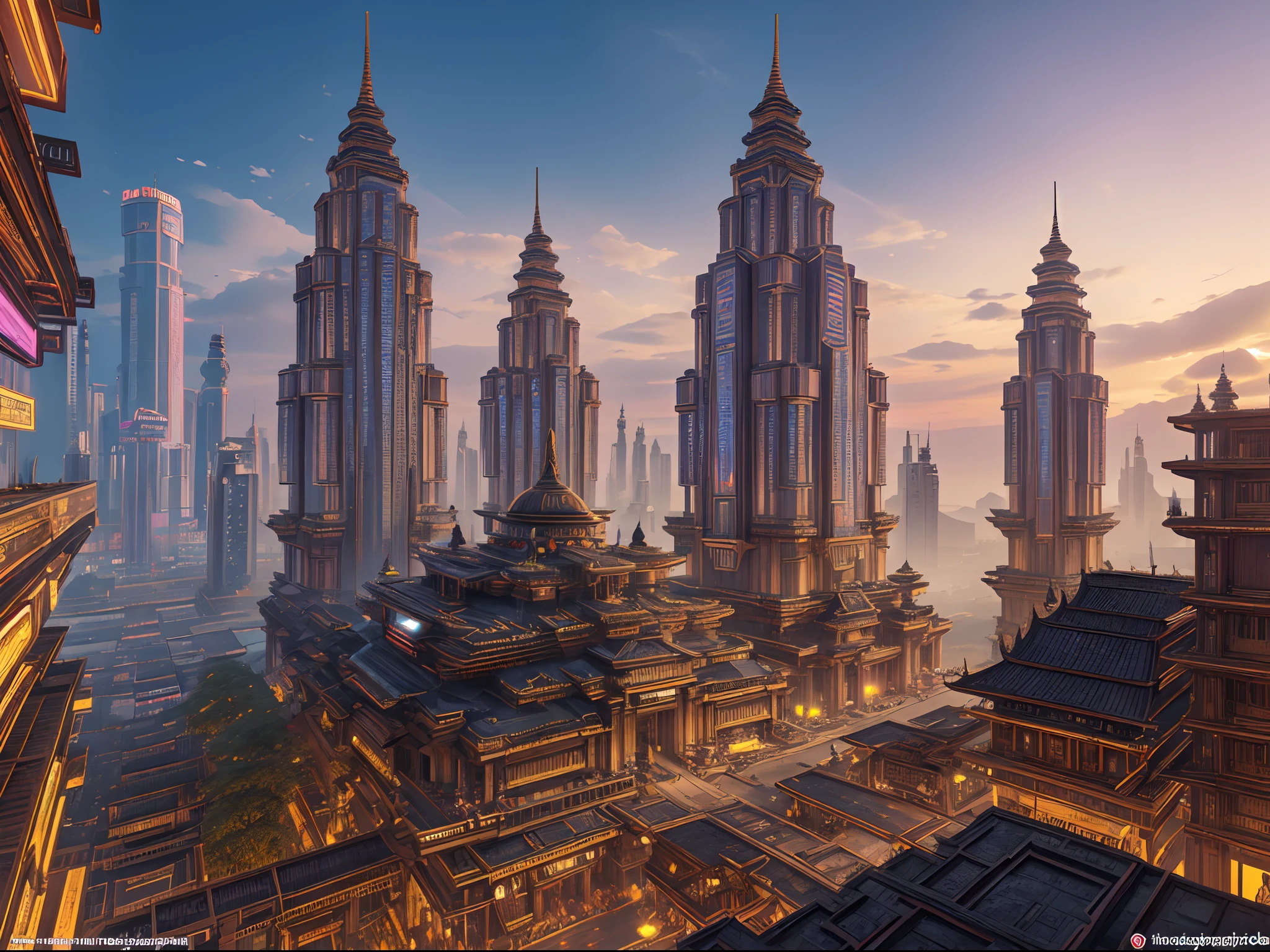 (masterpiece), (Majapahit), (kingdom), (Java), (cyberpunk), The Great Majapahit Empire in the Future, advanced technology, Cyberpunk Style, Mix of Traditional and Modern Futuristic, High detailed, hyper realistic, View of a Great Kingdom, Buildings with neon lights, flying vehicles, Javanese tradition mixed with modern technology, photorealism, 8k HD
