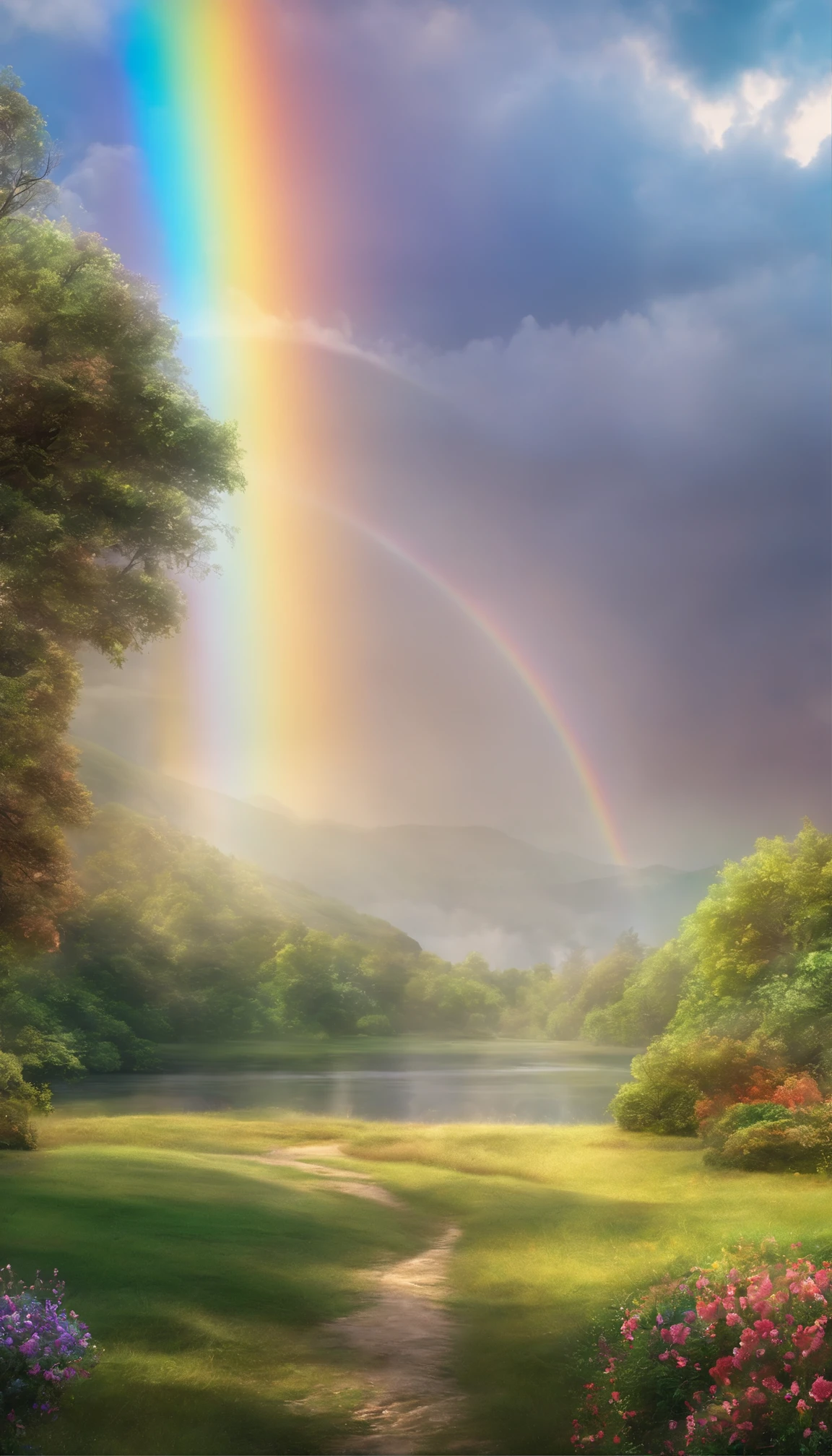 Generate captivating images of stunning anime style rainbows, There are no humans,But exudes vibrant beauty. Enhance the quality of your images by enhancing the brightness and clarity of rainbow colors, Bring them to life,Exudes a dreamy glow. Add intricate details to raindrops, Enhance their sparkle and shimmer when capturing light. Ensure that the final image captures the essence of a peaceful and captivating moment, The rainbow takes center stage on the picturesque stage, otherworldly landscape.