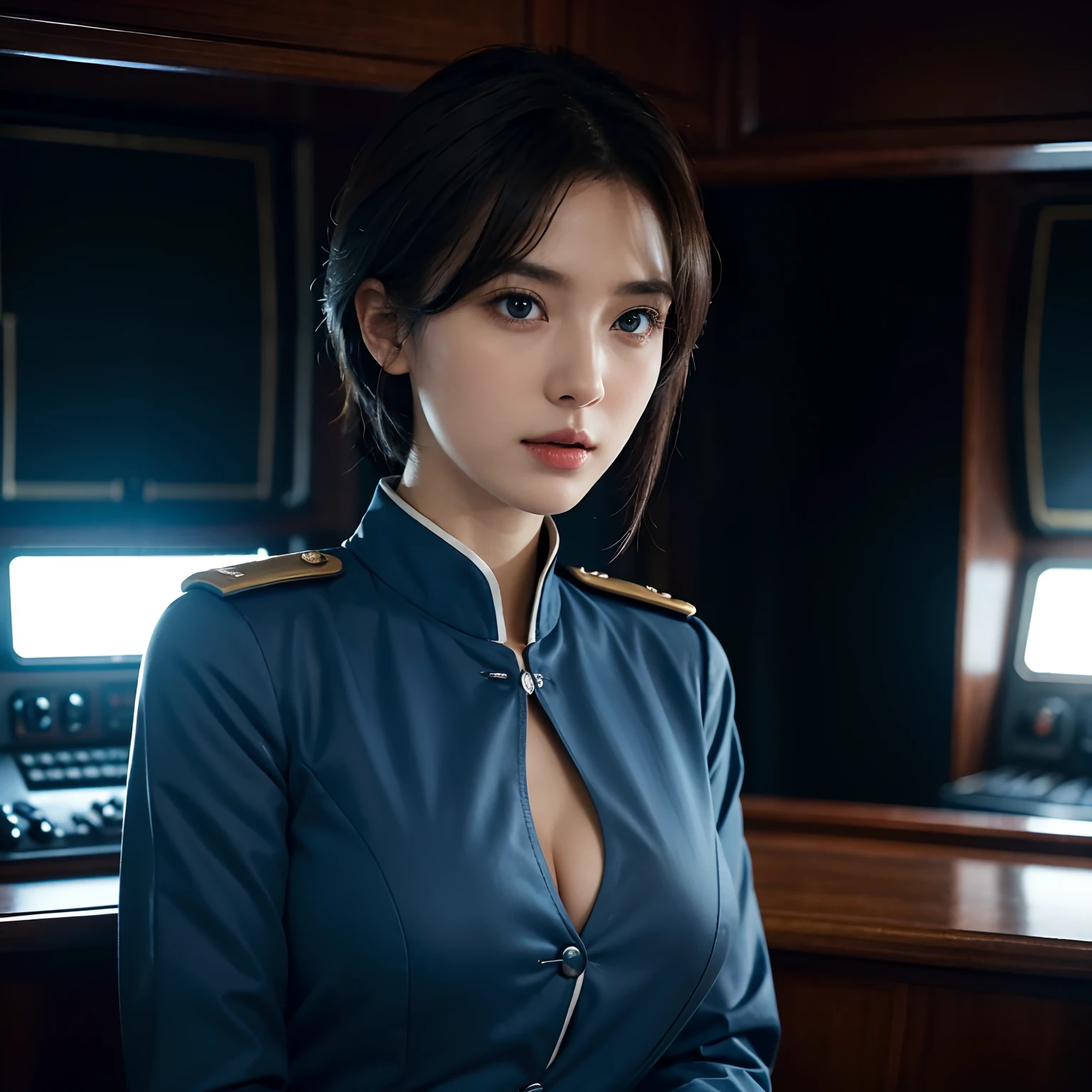 (​masterpiece、top-quality), 1 female,, age 24，Tall lady，short-cut，A dark-haired，hair adornments，blue eyess，broad shoulder, finely eye and detailed face, the Extremely Detailed CG Unity 8K Wallpapers, intricate detailes, Fantastic，royal, nobles, Viceroy, Fleet Commander, Naval Command, blue military uniform，decoration，The background is the wheelhouse of a warship，Indoor light，（cleavage of the breast）