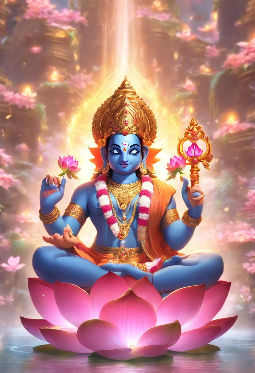 (((Hindu God))) best quality, ultra-high resolution, 4K detailed CG, masterpiece, Brahma,Hindu God, Hindu mythology, sitting on lotus flower, ((sitting on lotus flower)) Hindu, aesthetics, beautiful image, centered on the screen