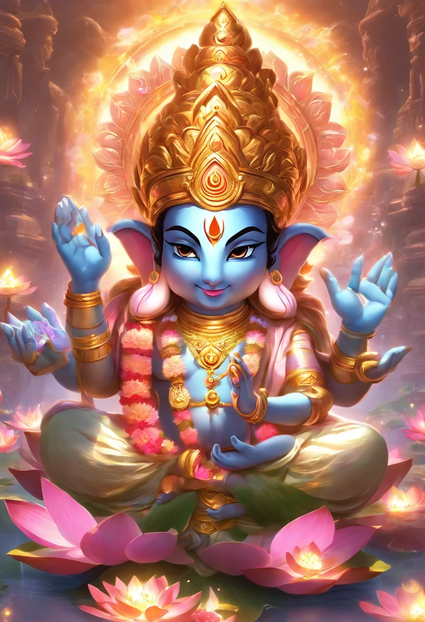 (((Hindu God))) best quality, ultra-high resolution, 4K detailed CG, masterpiece, Brahma,Hindu God, Hindu mythology, sitting on lotus flower, ((sitting on lotus flower)) Hindu, aesthetics, beautiful image, centered on the screen