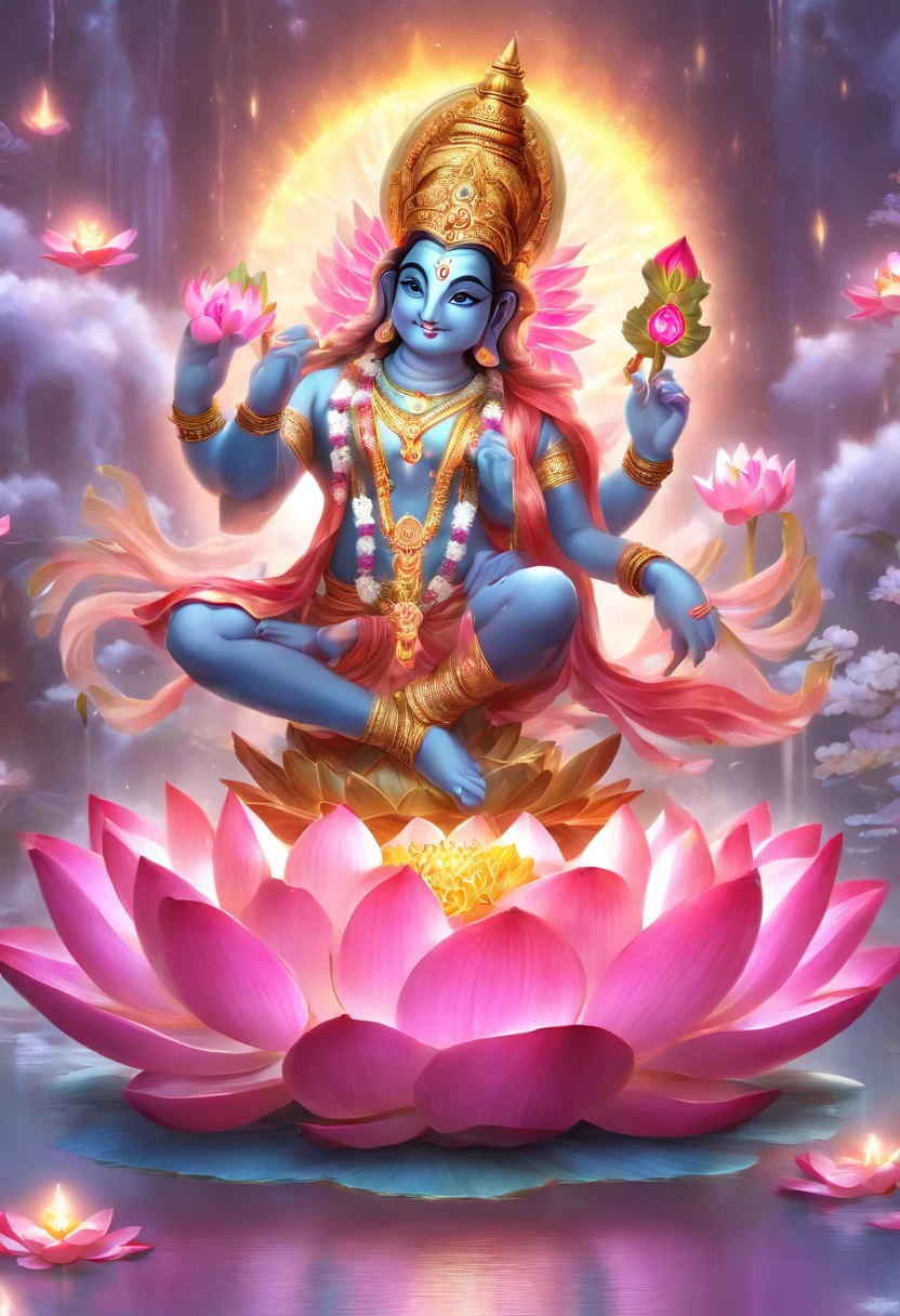 (((Hindu God))) best quality, ultra-high resolution, 4K detailed CG, masterpiece, Brahma,Hindu God, Hindu mythology, sitting on lotus flower, ((sitting on lotus flower)) Hindu, aesthetics, beautiful image, centered on the screen