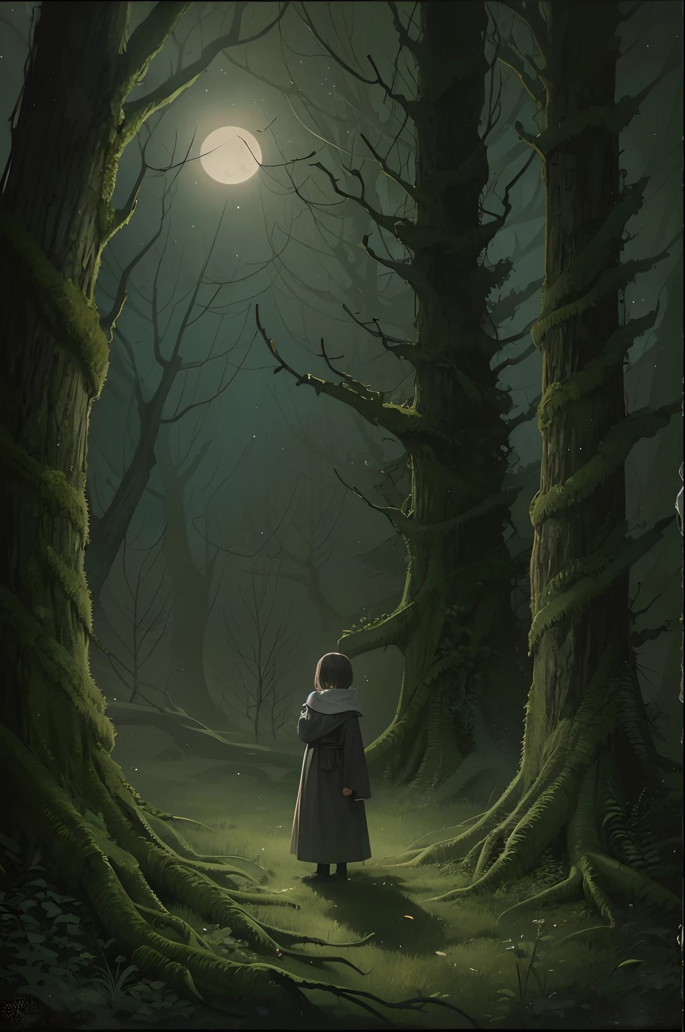 Amidst the eerie, moonlit forest, a forlorn scene unfolds. The towering trees, their branches gnarled and twisted, create a dense canopy that barely allows any moonlight to penetrate. At the center of the painting, a young , no more than eightnds alone in the heart of this foreboding woodland.

The child is dressed in simple, ragged clothing, clearly ill-suited for the sinister surroundings. In one hand, they clasp a crude, hand-carved wooden figurine, a cherished keepsake from their parents, the foresters who once roamed these woods. In the other hand, they tightly grip a dimly flickering lantern, which casts long, wavering shadows around them.

The child's face is a portrait of sadness and confusion, their eyes wide with fear and vulnerability. Strands of disheveled hair fall across their forehead, and dirt smudges mark their tear-stained cheeks. Behind the child, two dark, shadowy forms that bear an uncanny resemblance to their parents' silhouettes seem to loom menacingly.
 
The forest itself feels like an oppressive presence in this painting, with its tangled underbrush and twisted, contorted trees that seem to whisper secrets of the past. The moonlight barely illuminates the path ahead, leaving much of the surroundings shrouded in darkness and mystery.
 
The painting captures a poignant moment of loss and solitude, as the child, orphaned and , navigates this eerie, spectral forest. The viewer is left to ponder the fate of the forester parents and the uncertain future that awaits the young protagonist in this haunting and melancholic setting.