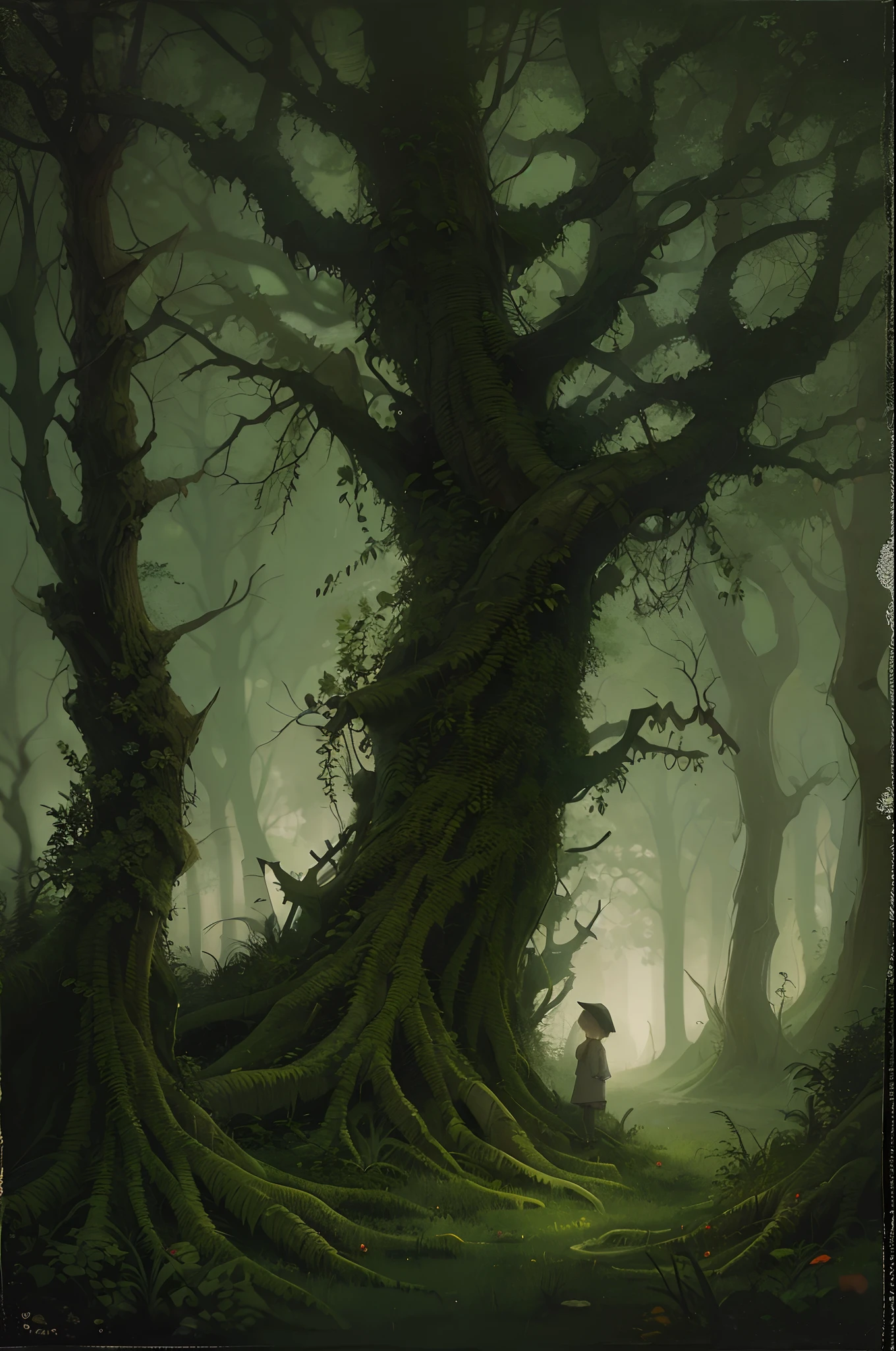 Amidst the eerie, moonlit forest, a forlorn scene unfolds. The towering trees, their branches gnarled and twisted, create a dense canopy that barely allows any moonlight to penetrate. At the center of the painting, a young child, no more than eight years old, stands alone in the heart of this foreboding woodland.

The child is dressed in simple, ragged clothing, clearly ill-suited for the sinister surroundings. In one hand, they clasp a crude, hand-carved wooden figurine, a cherished keepsake from their parents, the foresters who once roamed these woods. In the other hand, they tightly grip a dimly flickering lantern, which casts long, wavering shadows around them.

The child's face is a portrait of sadness and confusion, their eyes wide with fear and vulnerability. Strands of disheveled hair fall across their forehead, and dirt smudges mark their tear-stained cheeks. Behind the child, two dark, shadowy forms that bear an uncanny resemblance to their parents' silhouettes seem to loom menacingly.
 
The forest itself feels like an oppressive presence in this painting, with its tangled underbrush and twisted, contorted trees that seem to whisper secrets of the past. The moonlight barely illuminates the path ahead, leaving much of the surroundings shrouded in darkness and mystery.
 
The painting captures a poignant moment of loss and solitude, as the child, orphaned and alone, navigates this eerie, spectral forest. The viewer is left to ponder the fate of the forester parents and the uncertain future that awaits the young protagonist in this haunting and melancholic setting.