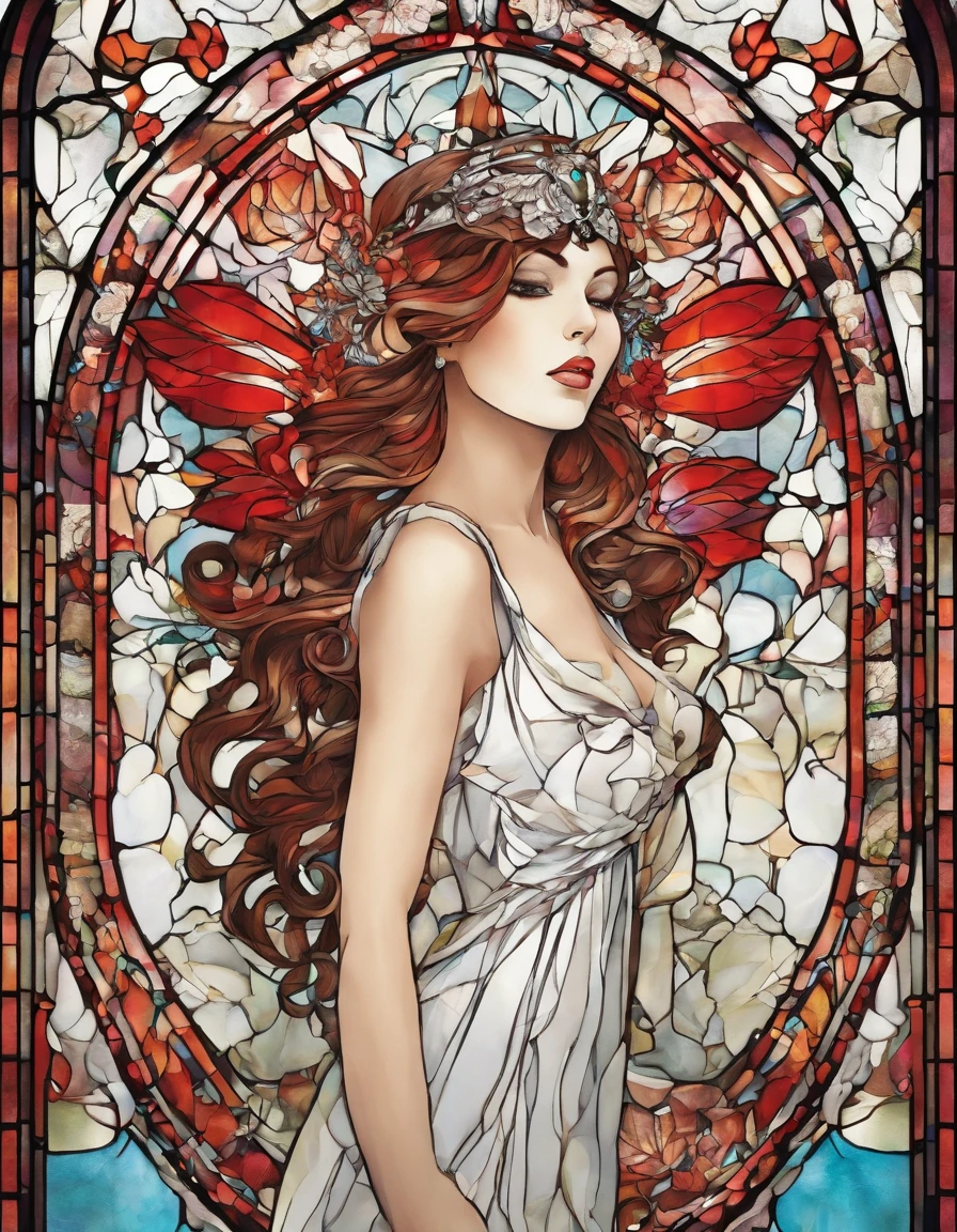 Asian Beautiful girl, Stained Glass, NAKED, best quality, masterpiece, ultra high resolution, (photorealistic:1.4), raw photo, shiny skin, BRIGHT BODY, dramatic lighting, full body, big breasts, exposed breasts, different positions , different poses, different variations