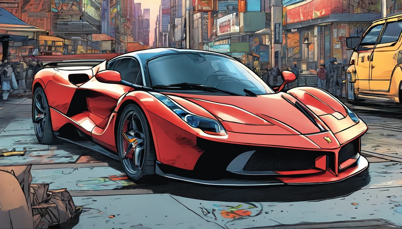 best quality, masterpiece, photo, 4K, photorealistic, highly detailed, La Ferrari, techwear, cyberpunk city, solo, futuristic, black and white, by Akira Toriyama, ((1:3 ratio object:background))