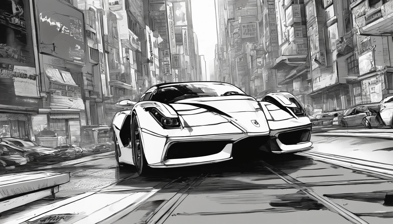 best quality, masterpiece, photo, 4K, photorealistic, highly detailed, La Ferrari, techwear, cyberpunk city, solo, futuristic, black and white, by Akira Toriyama, ((1:3 ratio object:background))