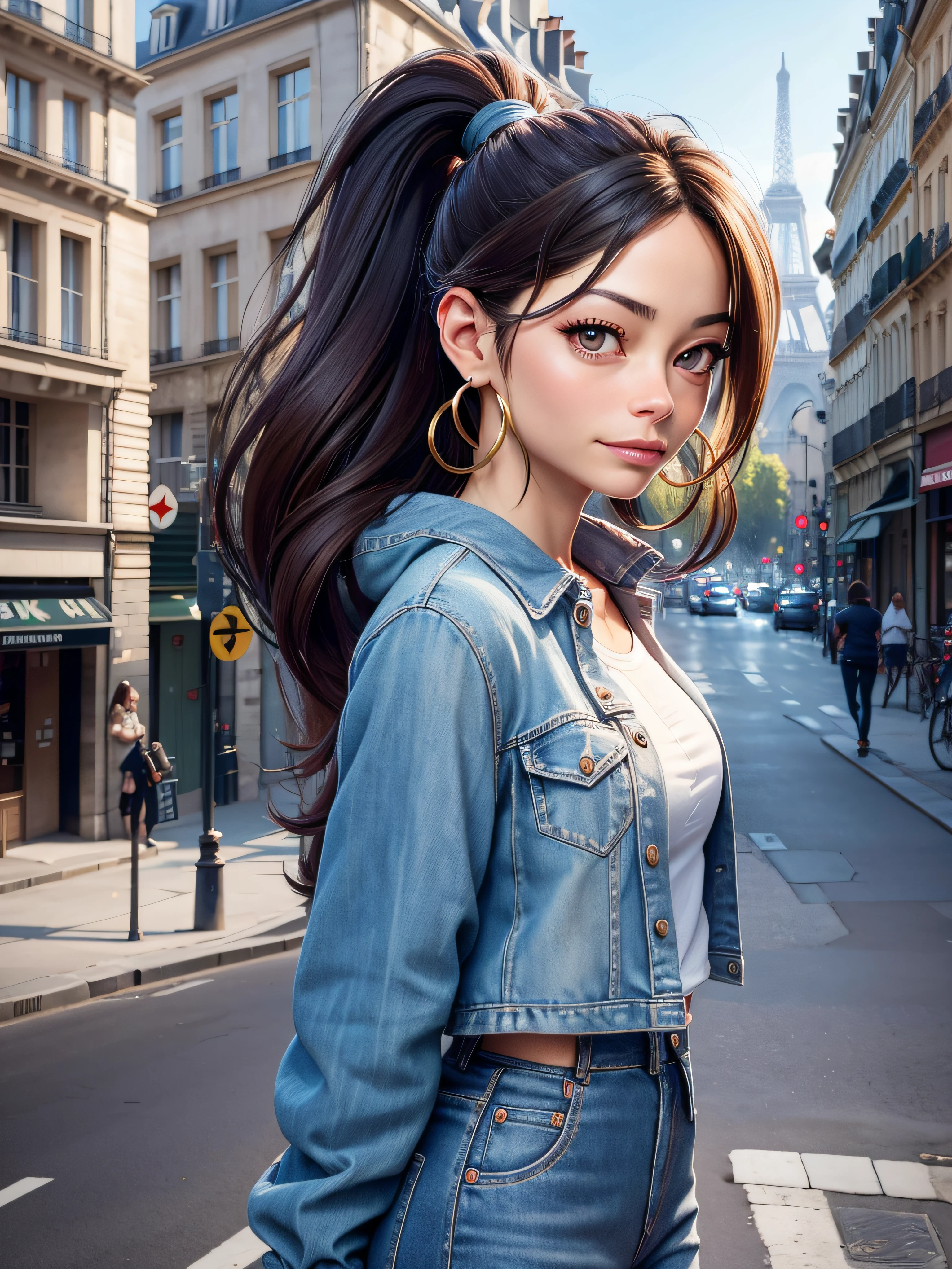 Top image quality、high resolution、Kinematic lighting, Kristin Kreuk, ponytail, yeux verts, medium hoop earrings, dans un style parfait、Pantalon et veste en jean、backview. Looking at the camera. rue parisienne avec la Tour Eiffel au fond.