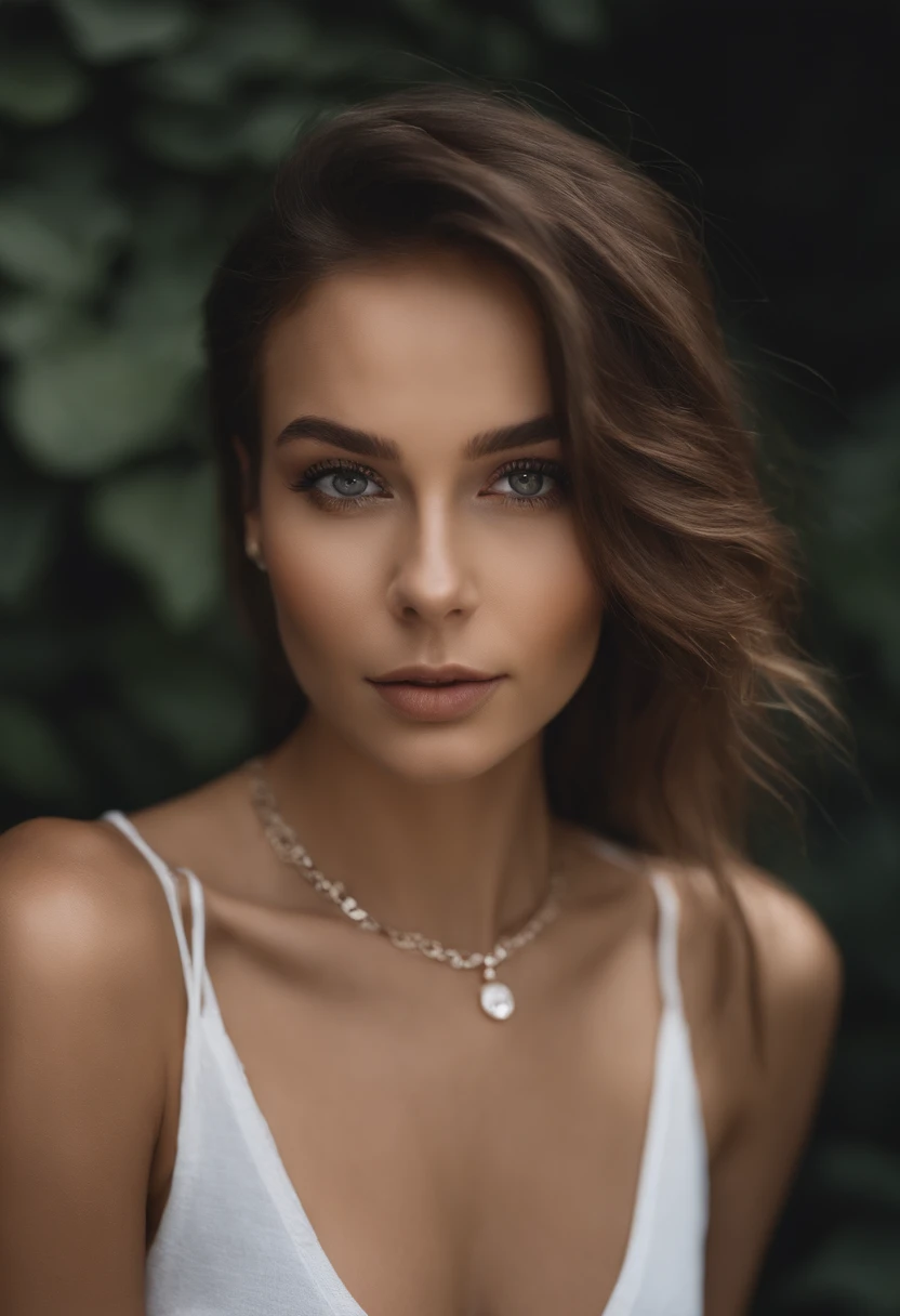 Arafed woman with a white tank top and necklace, fille sexy aux yeux verts, Portrait Sophie Mudd, cheveux bruns et grands yeux, Yeux de chambre, Violet Myers, sans maquillage, maquillage naturel, looking straight at camera, Visage avec Artgram, Maquillage subtil, Superbe photo du corps entier, piercing green eyes, Bel angle, pose attrayante, fille mignonne, sexy pose, Image du corps entier, corps entier, Prise de vue du corps entier, brunette goddess, High detail, pose satisfaite,