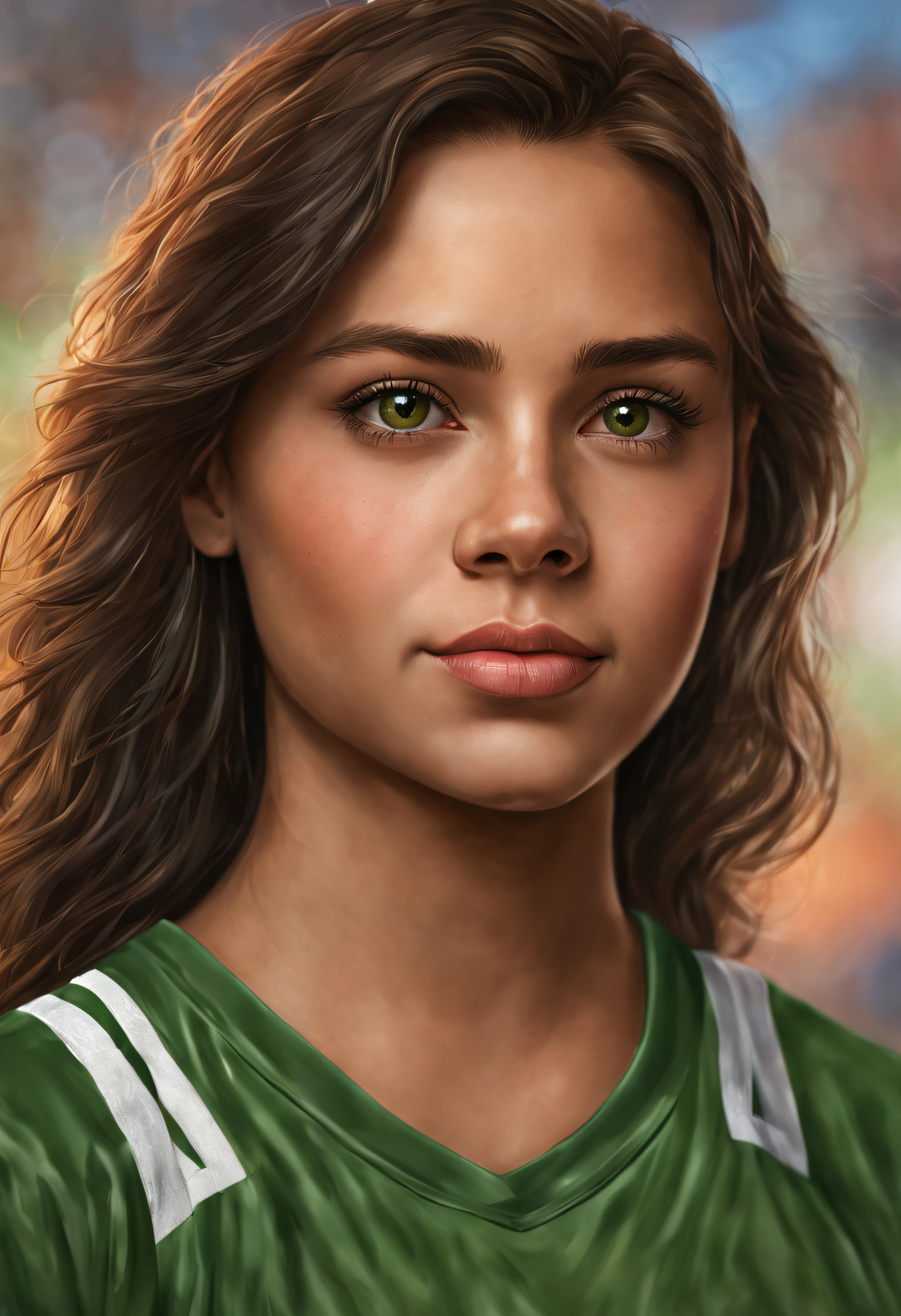 A photorealistic portrait of a 23-year-old American girl, con cabello color colorado suelto y ojos verdes con una camiseta de basquetball. She must have a natural and shy expression., debe ser iluminado por las luces de la cancha. El fondo debe ser una cancha de basquet en el que ella termino de jugar un partido. Capture this image with a high-resolution photograph using an 85mm lens for a flattering perspective.